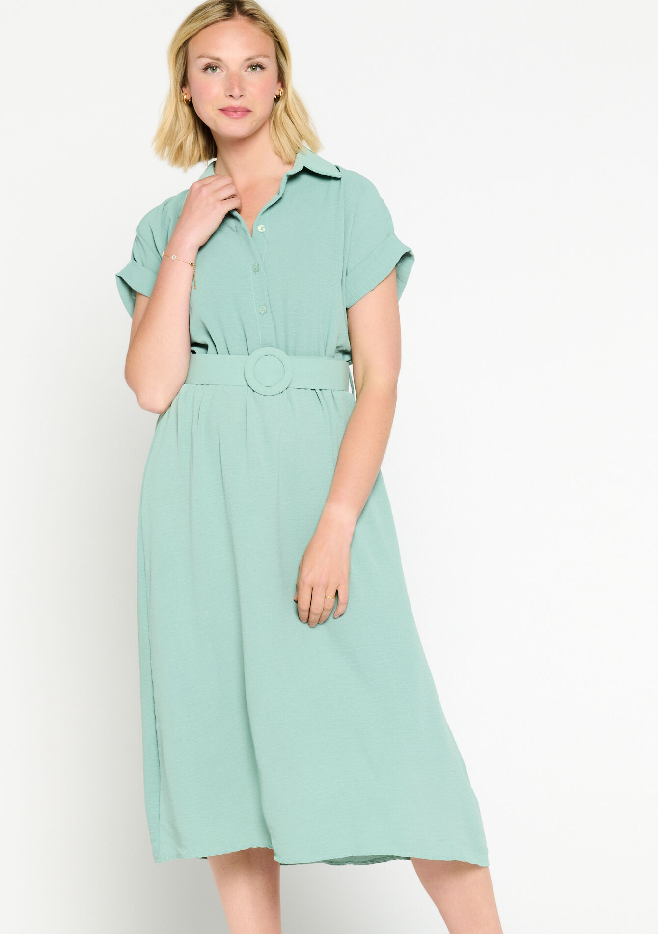 Midi dress with polo collar, Midi dress with polo collar - MINT GREEN - 08601892_1723