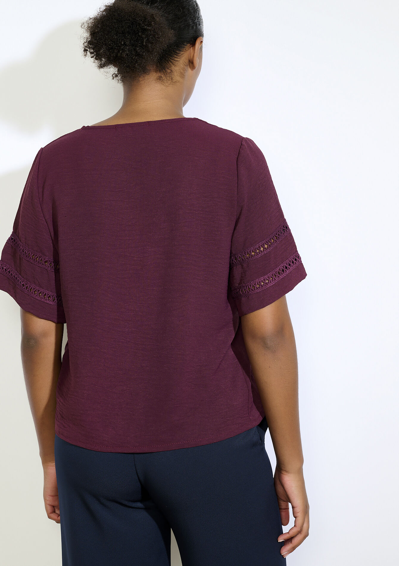 Blouse met opengewerkte mouwen, Blouse met opengewerkte mouwen - AUBERGINE - 05702919_1537
