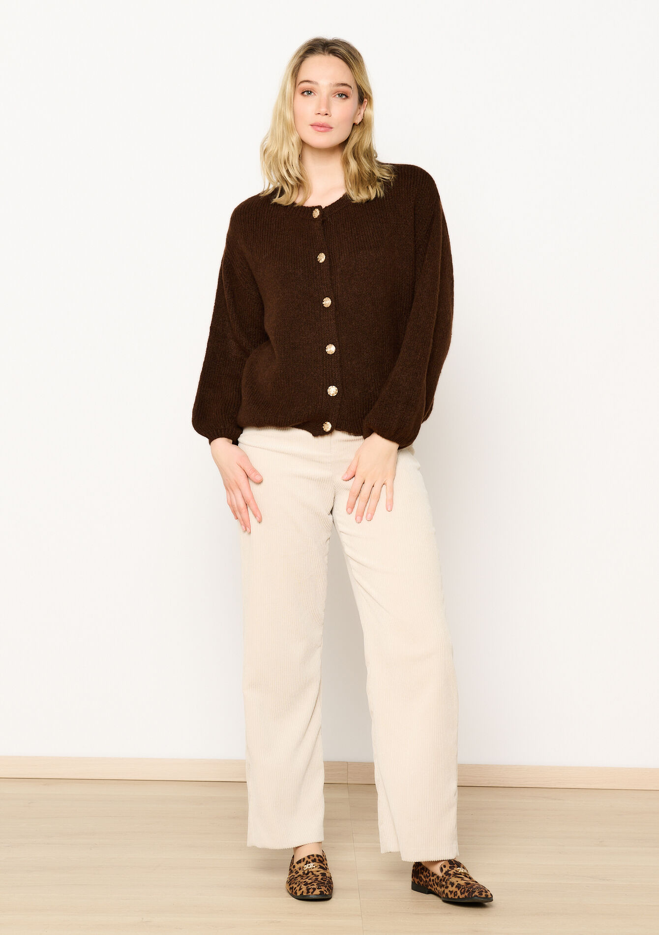 Cardigan met gouden knopen, Cardigan met gouden knopen - BROWN DARK CHOCOLATE - 1120503