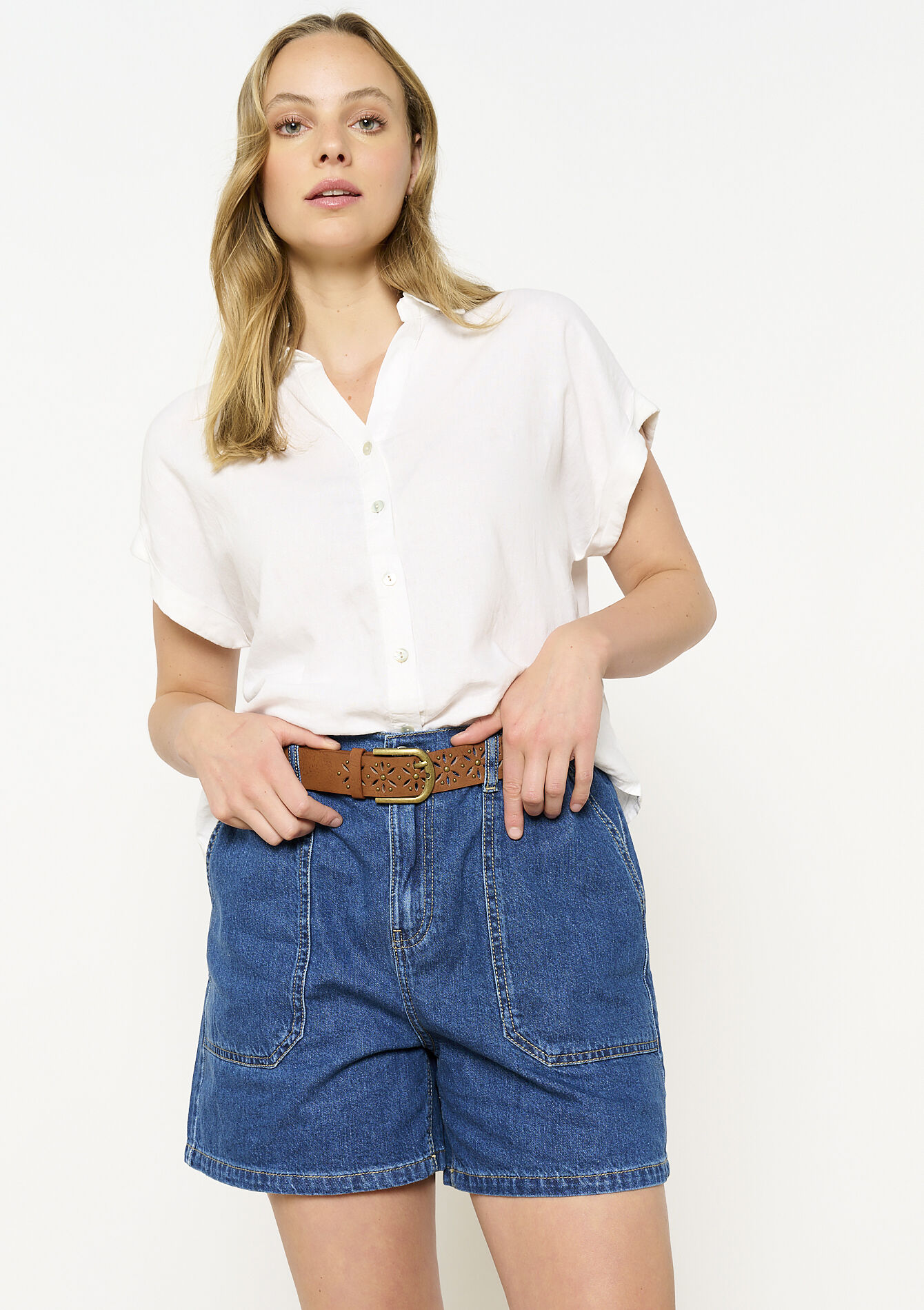 Short taille haute en denim, Short taille haute en denim - MEDIUM BLUE - 22000610_0500