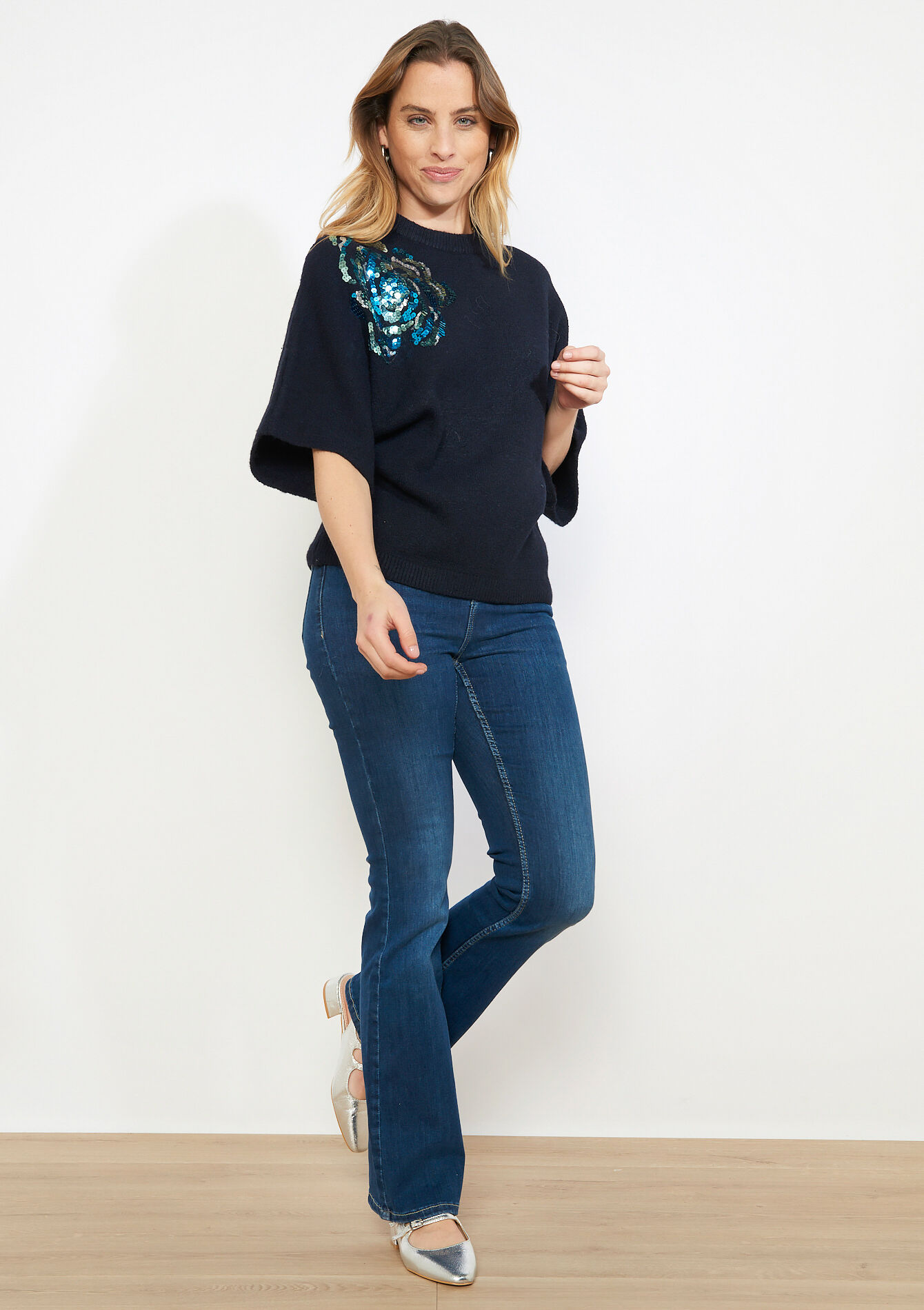Sequin floral knit, Sequin floral knit - NAVY BASIC - 04007193_2723