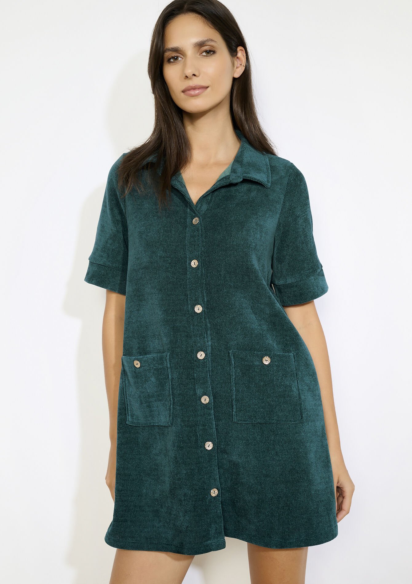 Robe courte boutonnée - BOTTLE GREEN - 08104309_1778