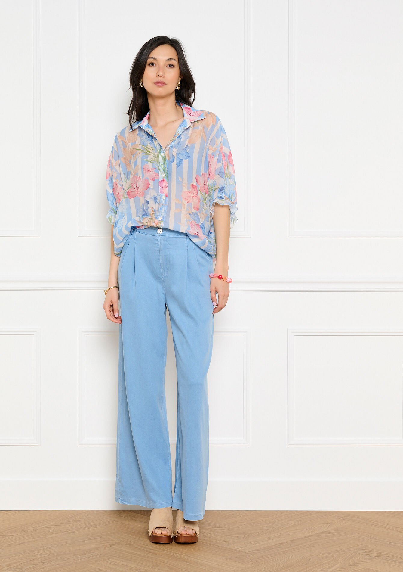 Soepele broek met wijde pijpen, , back