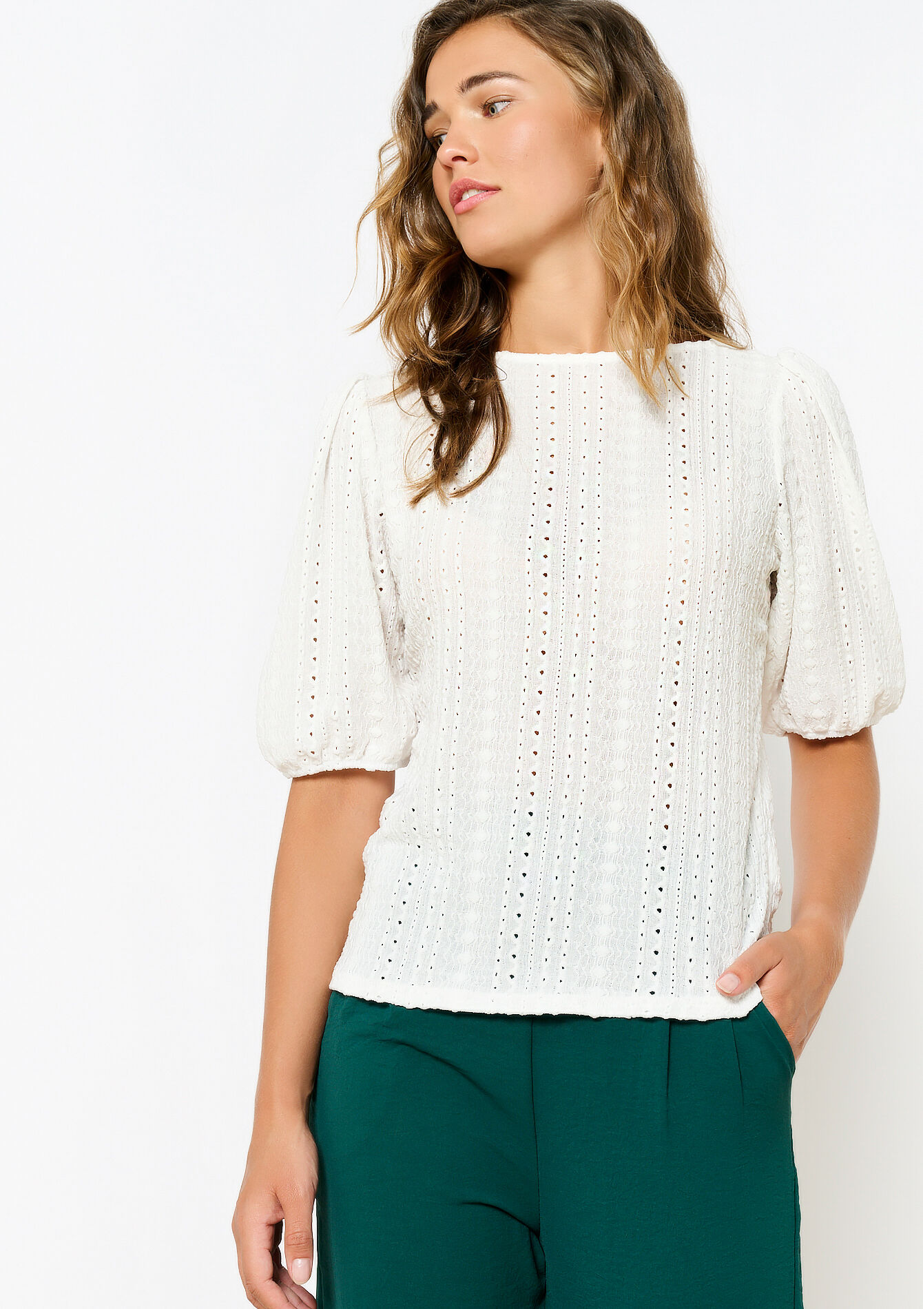 T-shirt with broderie anglaise, T-shirt with broderie anglaise - OPTICAL WHITE - 02301653_1019