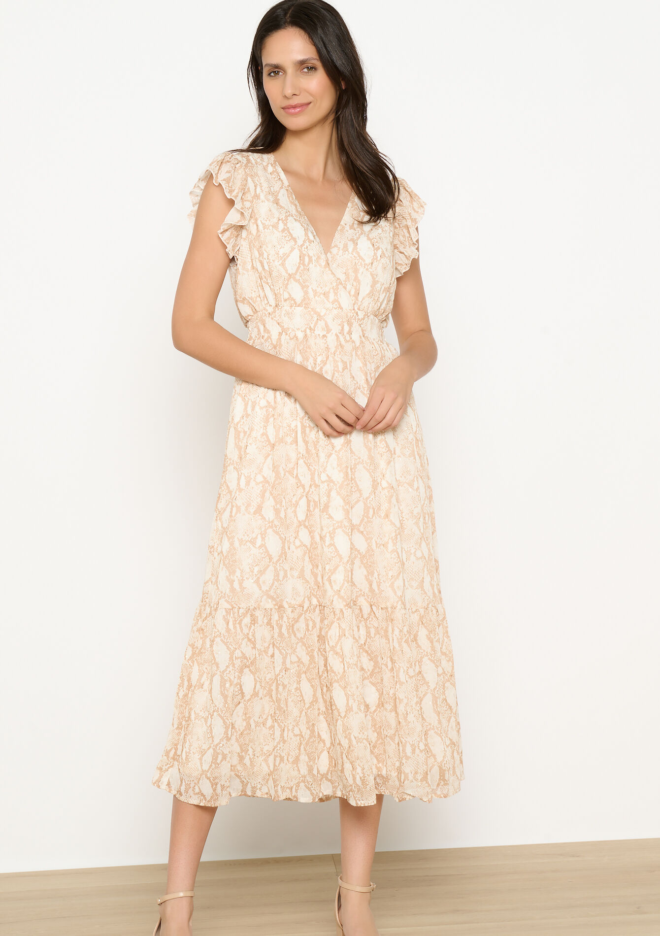 Lange jurk met slangenprint en ruches, Lange jurk met slangenprint en ruches - LT BEIGE - 08103942_2527