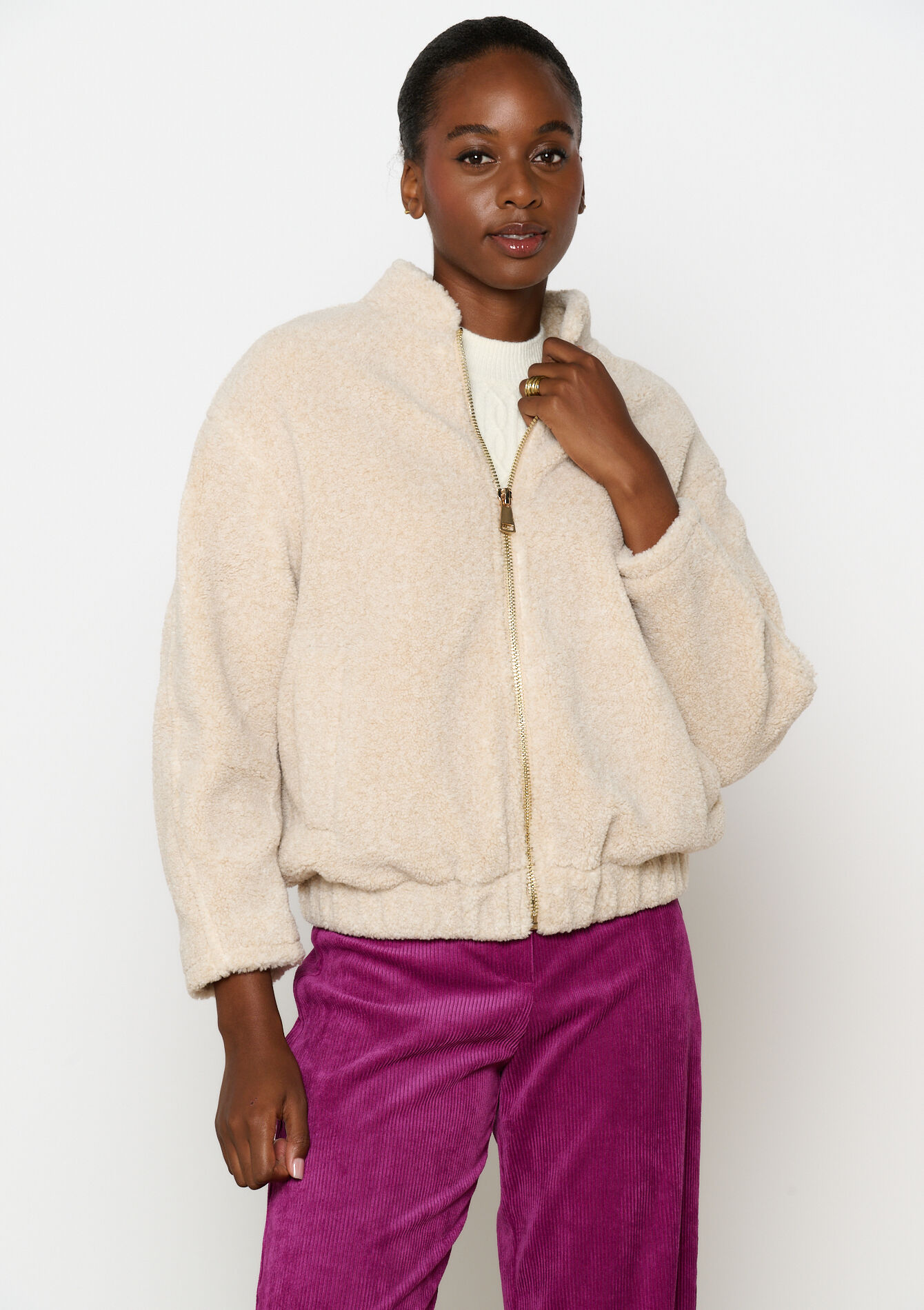 Veste bomber en tissu polaire, Veste bomber en tissu polaire - LT BEIGE - 23000694_2527