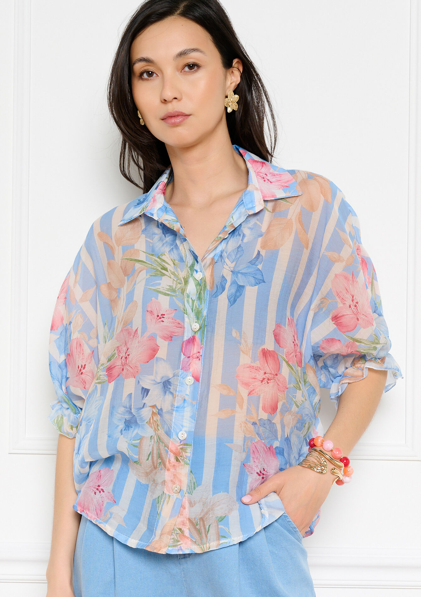 Chemise voile rayures fleurs - BLUE PASTEL - 05703092_3003