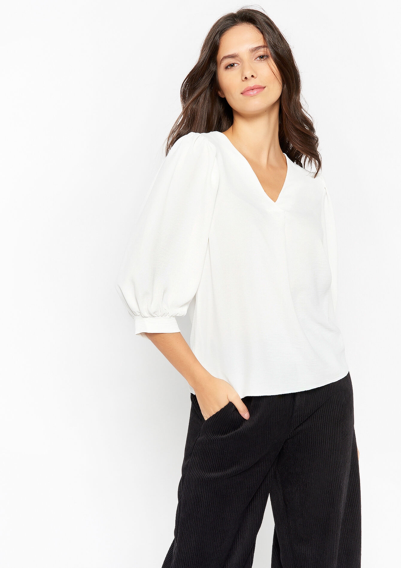 Blouse with V-neck, Blouse with V-neck - OFFWHITE - 05702057_1001