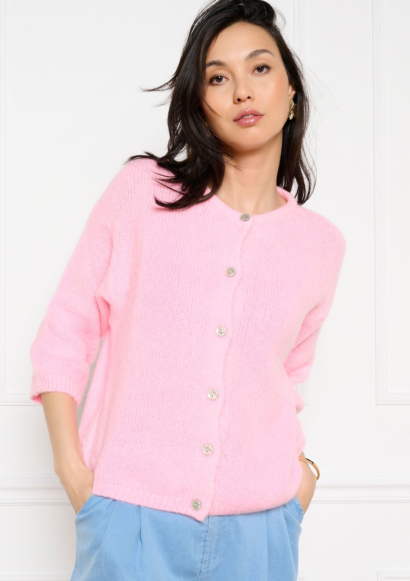 Minimalist buttoned cardigan - LIGHT PINK - 04101446_1303