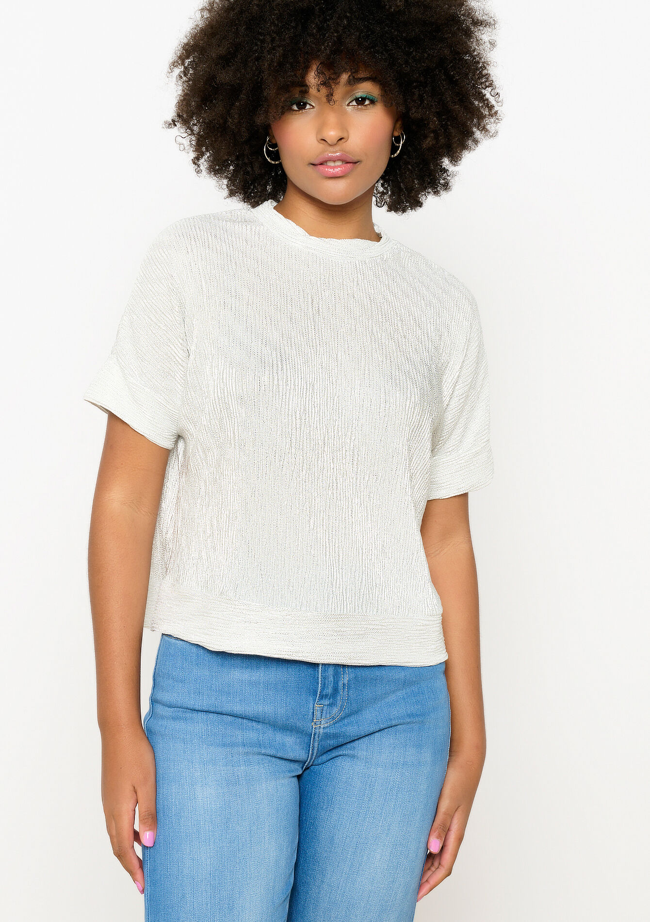 Metallic T-shirt met ribbels, Metallic T-shirt met ribbels, , back