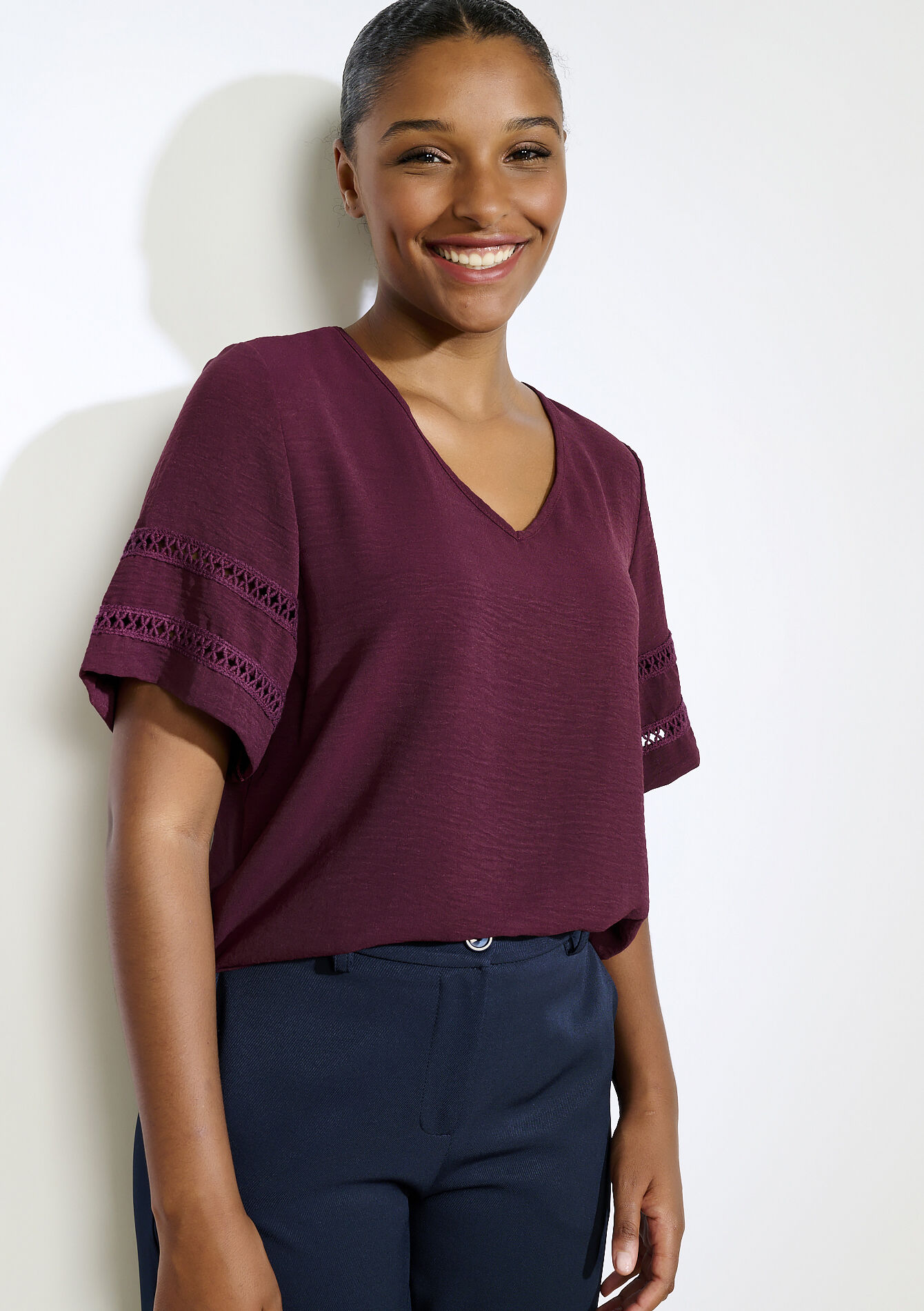 Blouse met opengewerkte mouwen, Blouse met opengewerkte mouwen - AUBERGINE - 05702919_1537