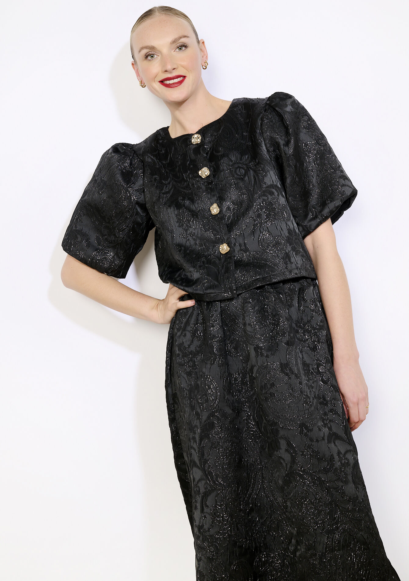 Blouse brocart à manches bouffantes, Blouse brocart à manches bouffantes - BLACK - 05703002_1119