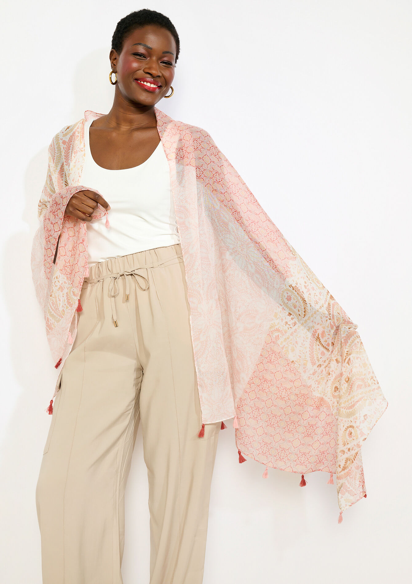 Bedrukte sjaal met franjes - NUDE PINK - 17101540_1301