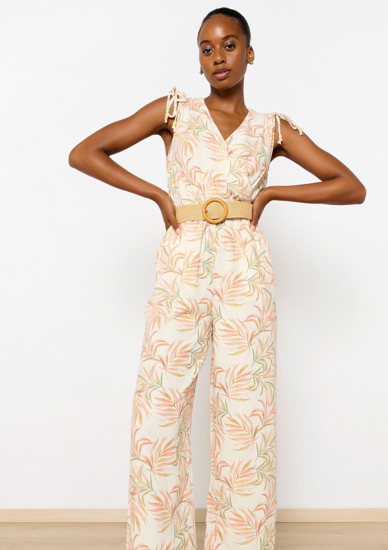 Linen jumpsuit with leaf print - OFFWHITE - 06004473_1001