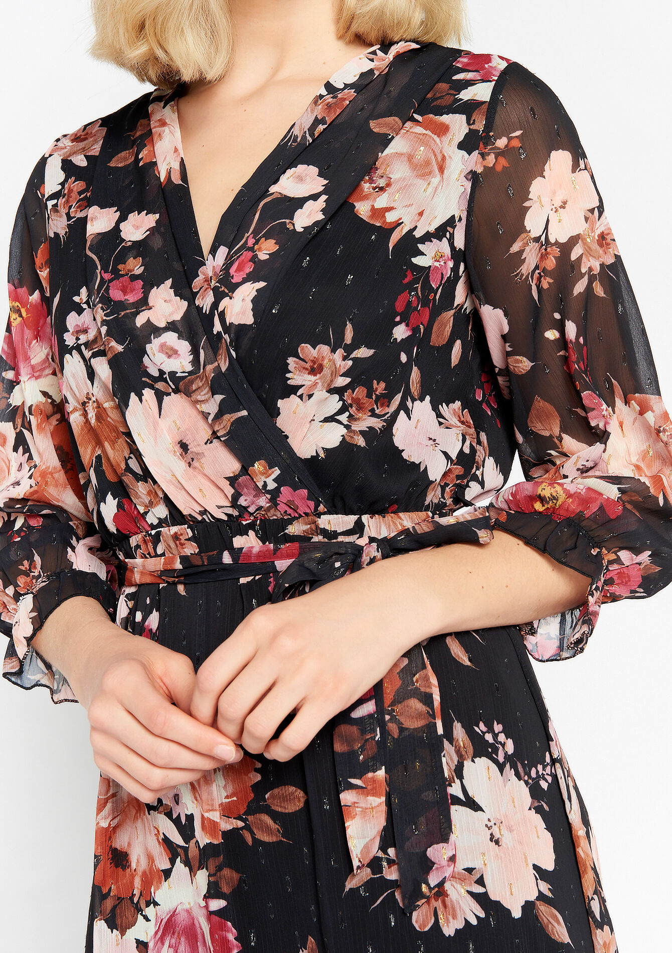 Wrap dress with floral print, Wrap dress with floral print - BLACK - 08601844_1119