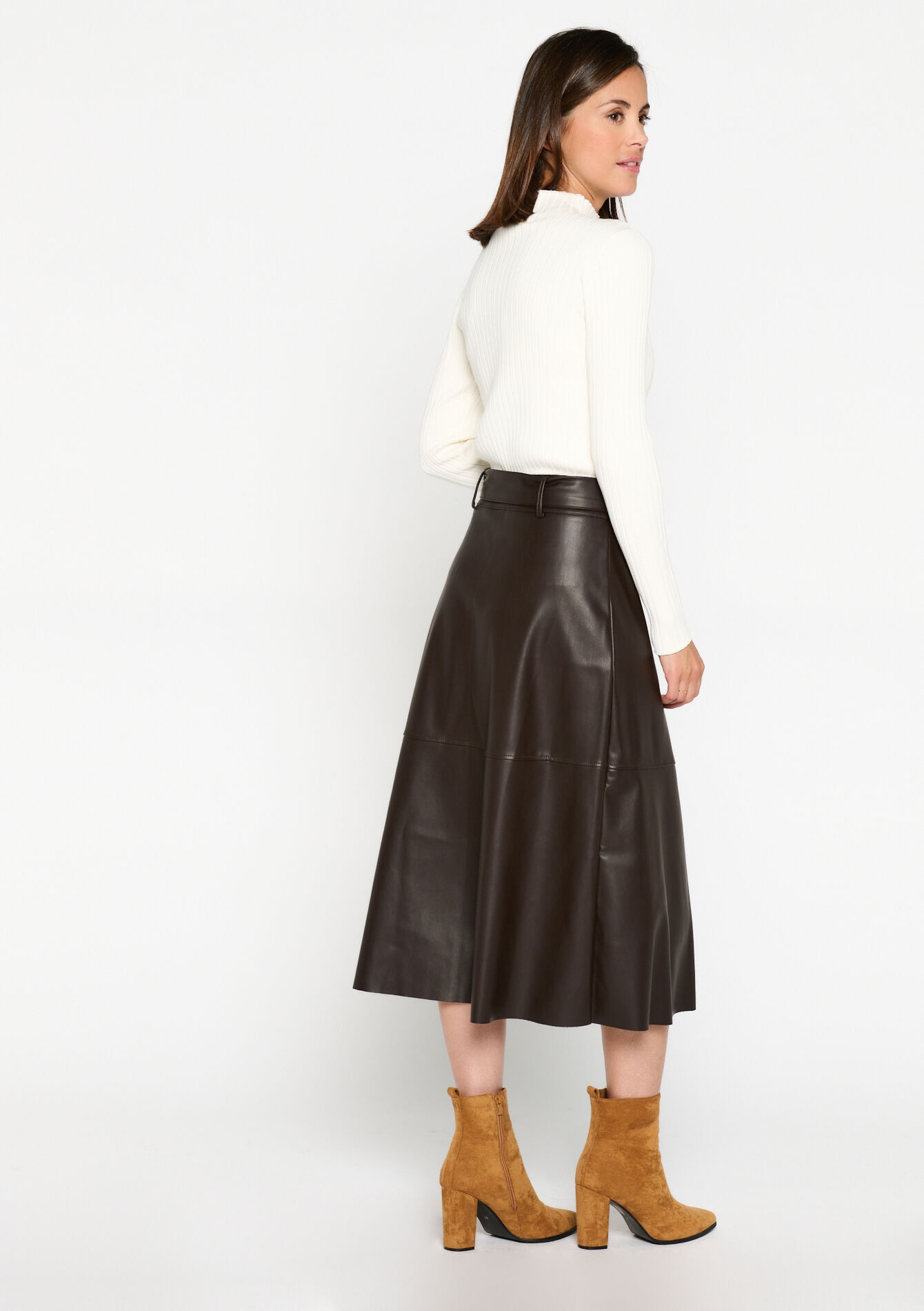 Midi skirt in faux leather, Midi skirt in faux leather - BROWN DARK CHOCOLATE - 07101164_3720