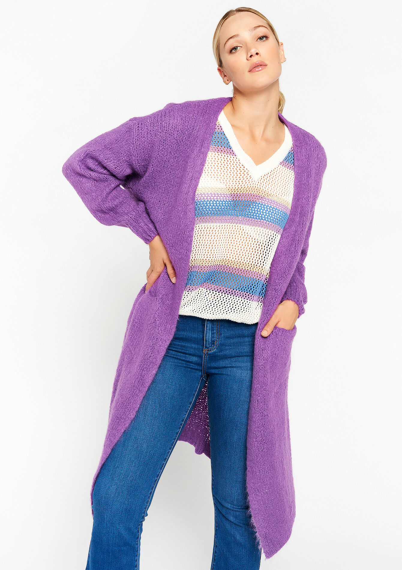 Lange cardigan met zakken - PURPLE - 04800288_5902