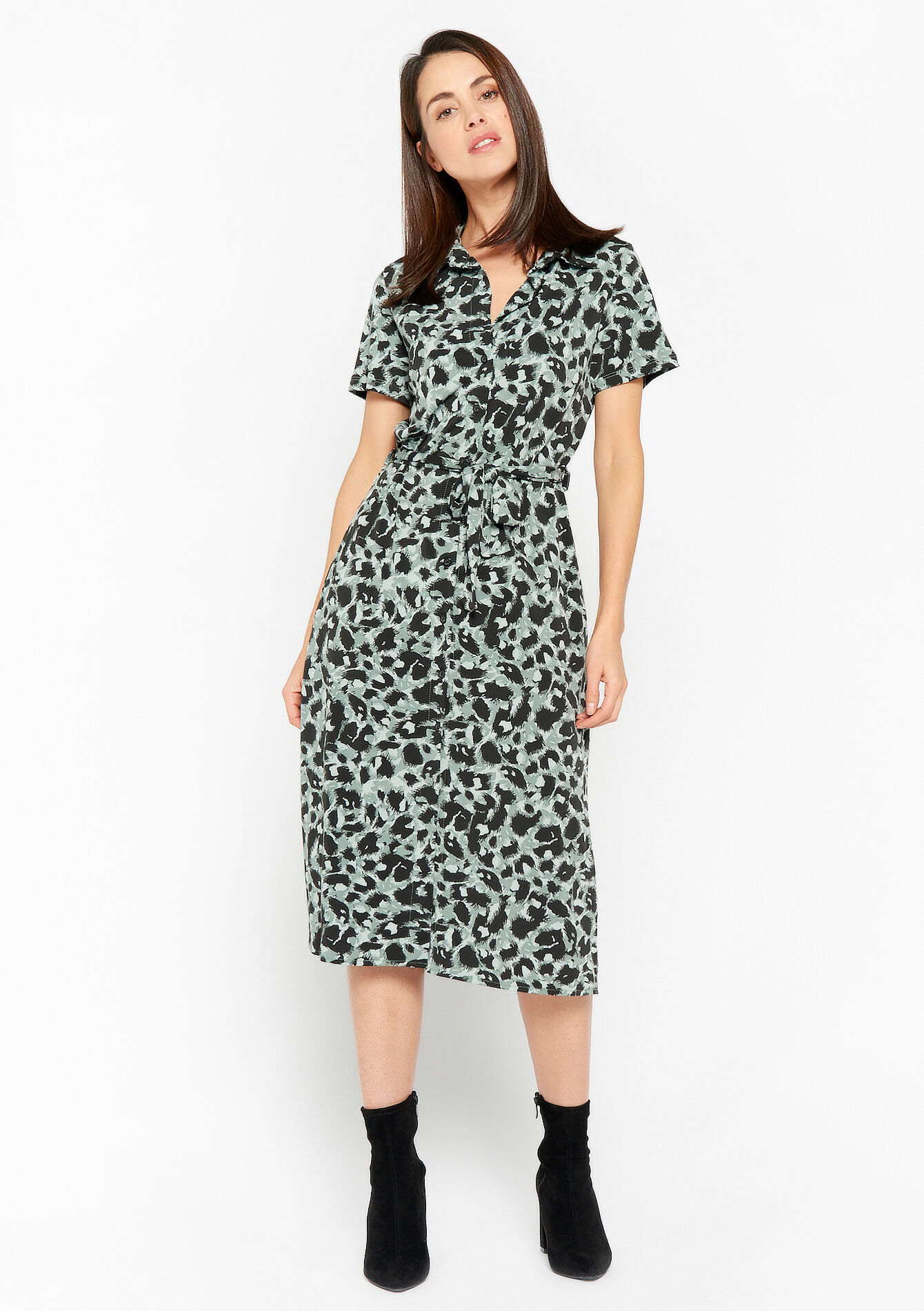 Shirt dress with leopard print - KHAKI FADED - 08103108_4326