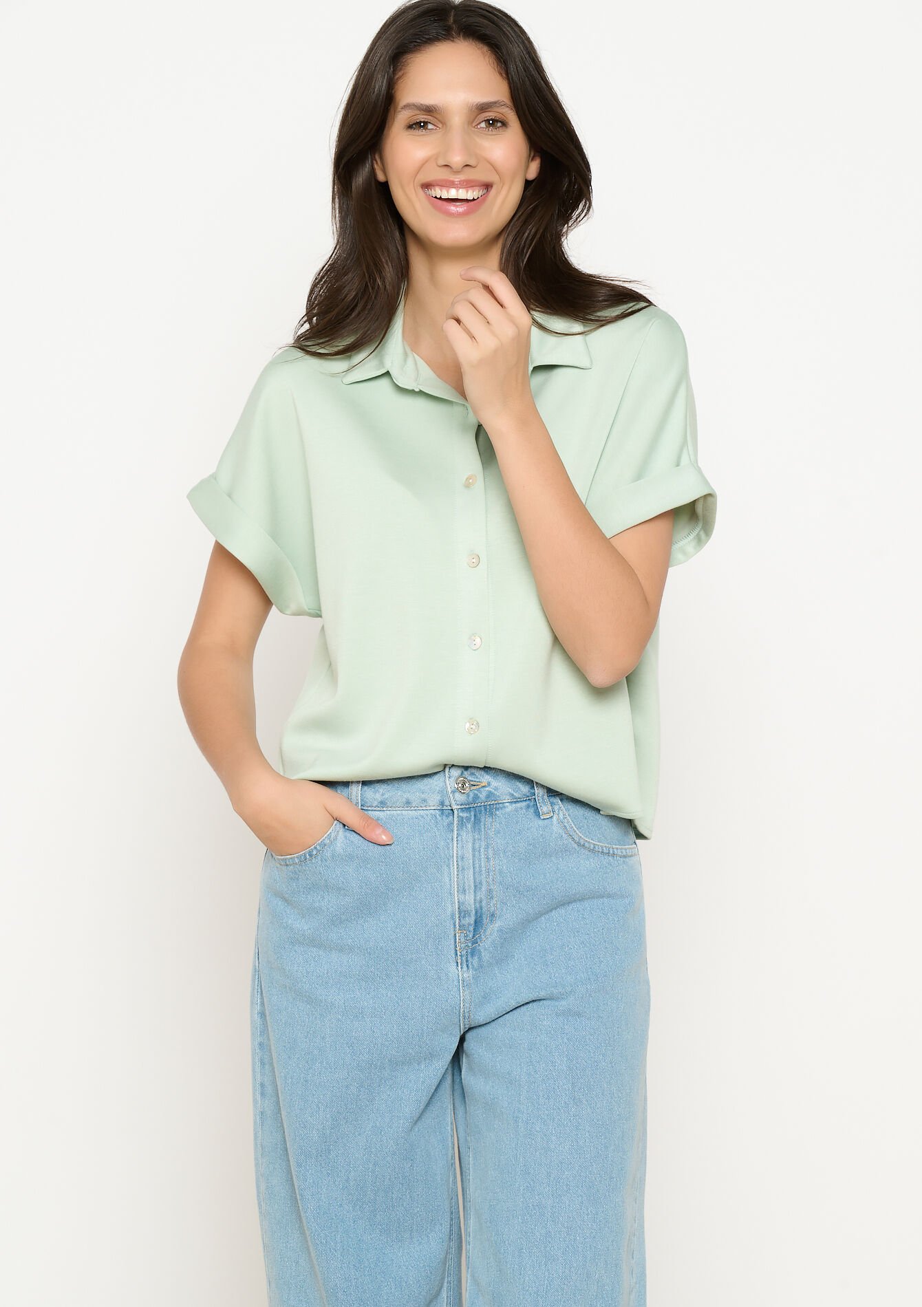 Losvallend hemd met korte mouwen, Losvallend hemd met korte mouwen - MINT GREEN - 02301804_1723