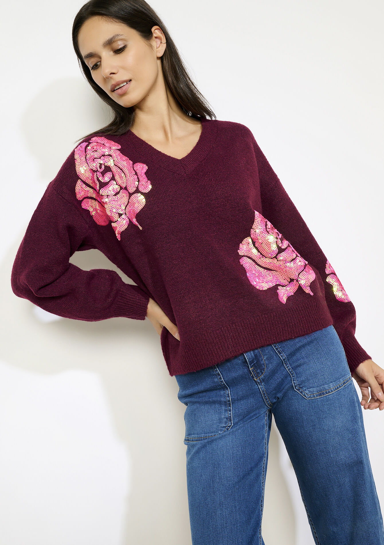 V-neck floral knit, V-neck floral knit - BORDEAUX WINE - 04006984_5514