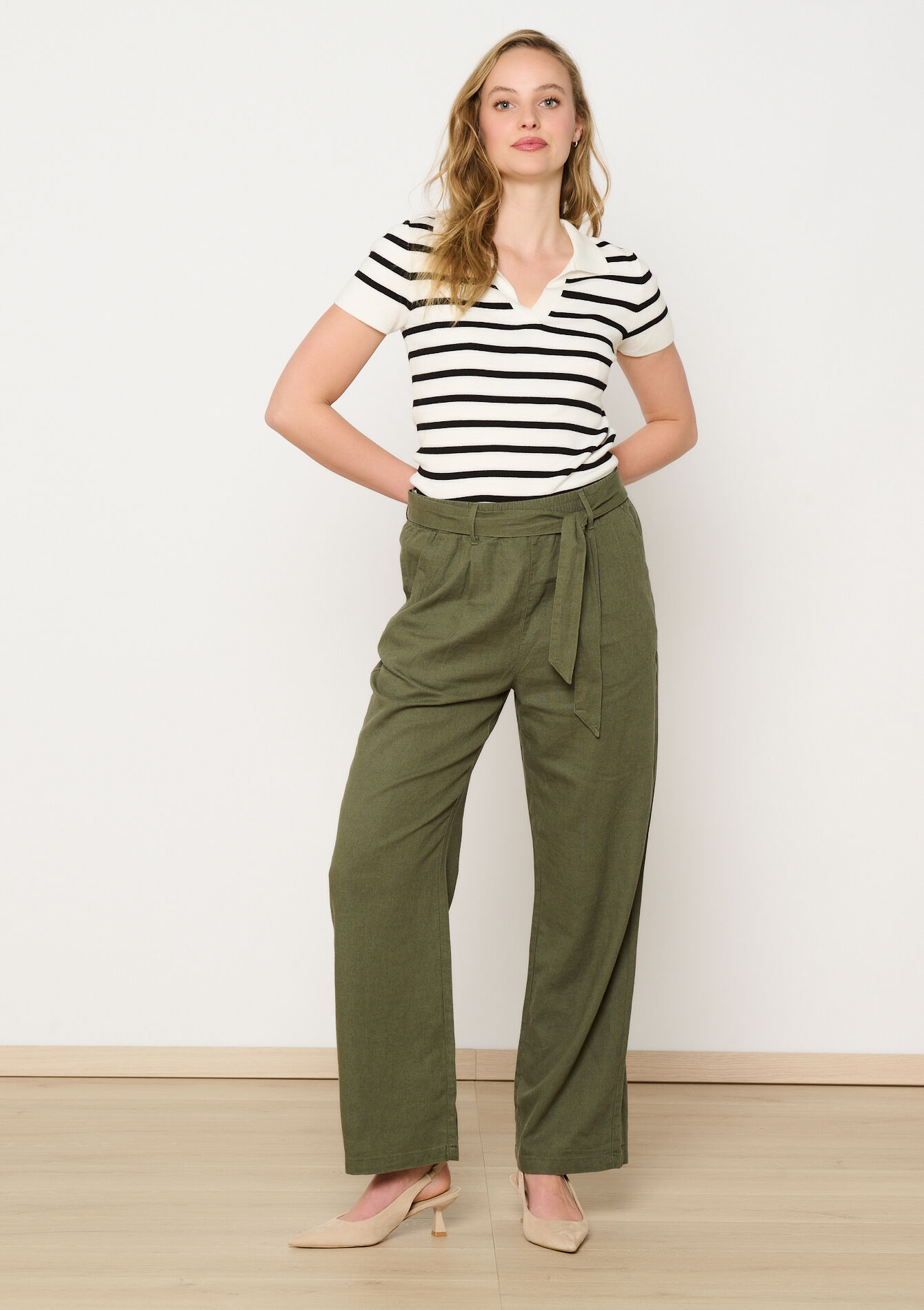Linnen broek met riem, Linnen broek met riem - KHAKI MED - 06600921_4327