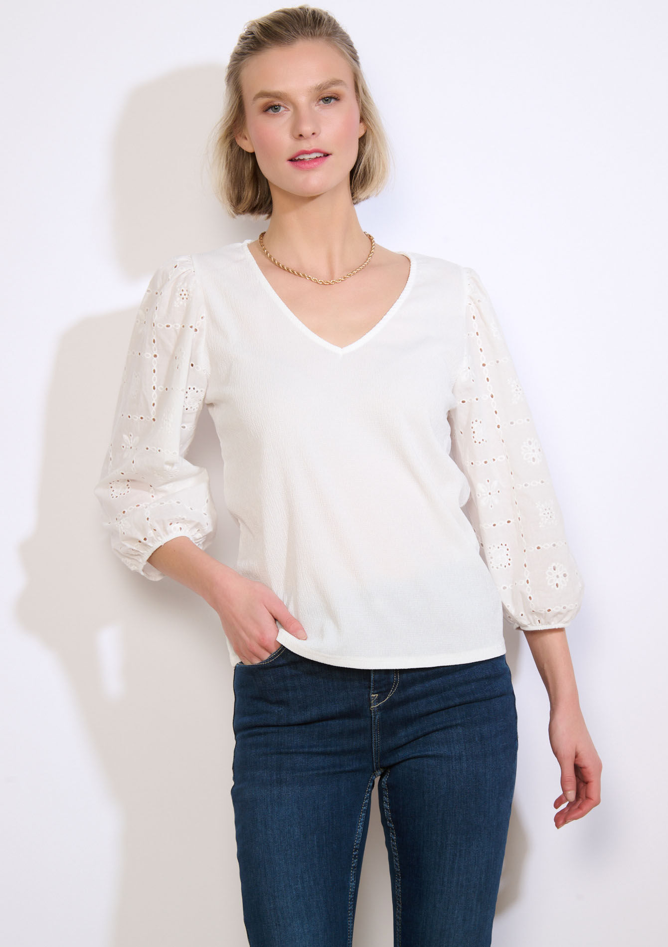 Blouse with lace sleeves - OFFWHITE - 02301998