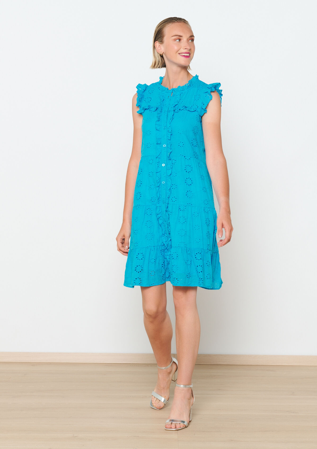 Jurk met broderie anglaise, Jurk met broderie anglaise - TURQUOISE - 08103645_1759