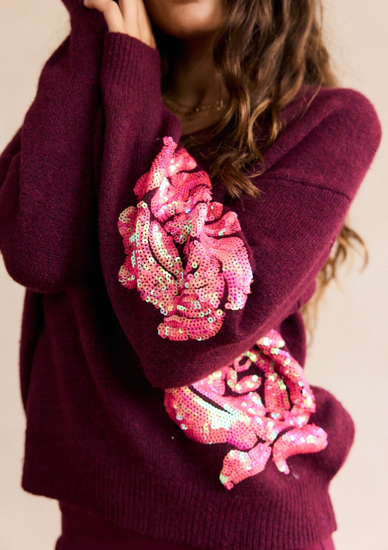 V-neck floral knit, V-neck floral knit - BORDEAUX WINE - 04006984_5514