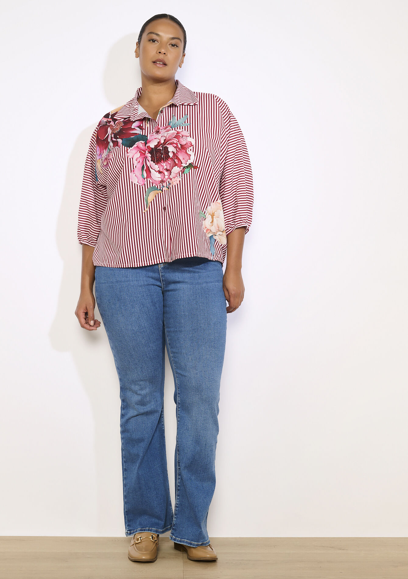 Overhemd met strepen en bloemenprint - BORDEAUX WINE - 05702957_5514