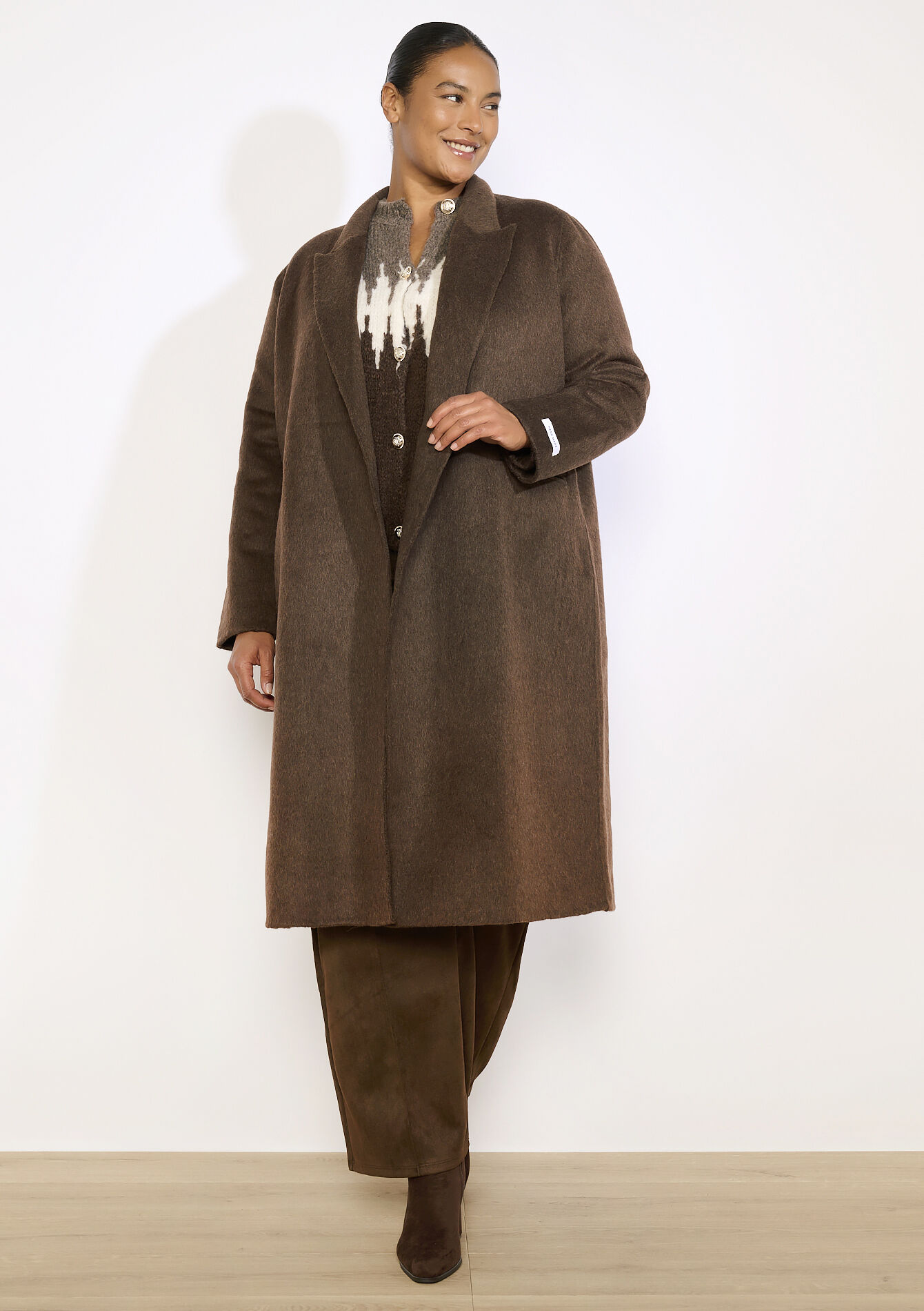 Long collarless coat, Long collarless coat - BROWN DARK CHOCOLATE - 23000774_3720