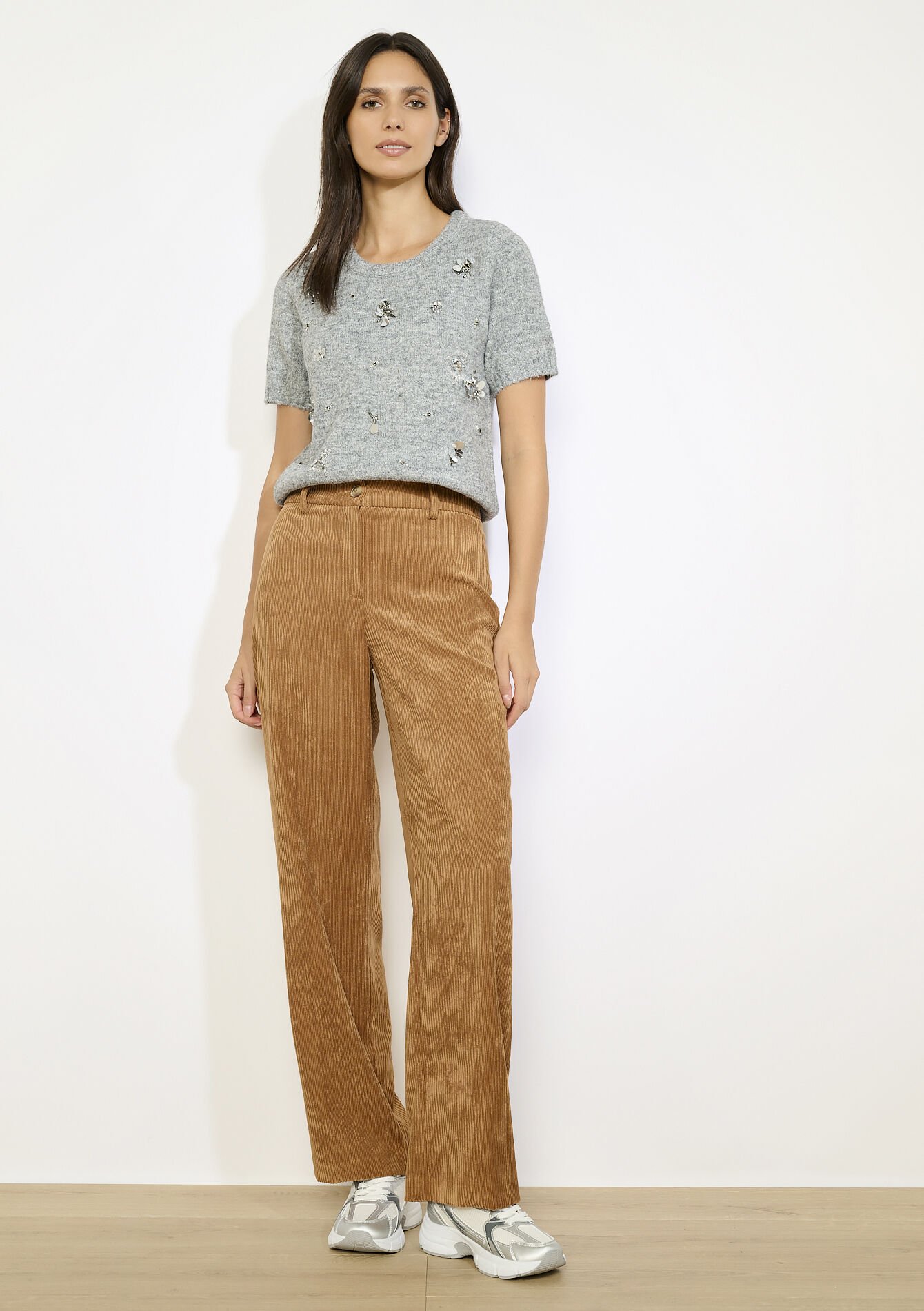 Flared broek in ribfluweel, Flared broek in ribfluweel - CARAMEL - 06100741_1953