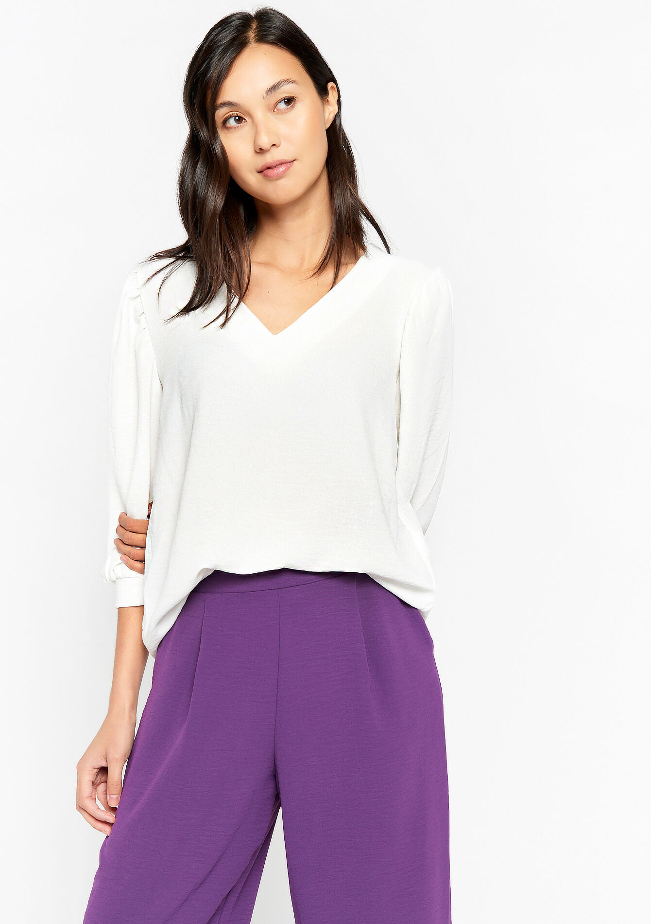 Blouse with puff sleeves - OPTICAL WHITE - 05702320_1019