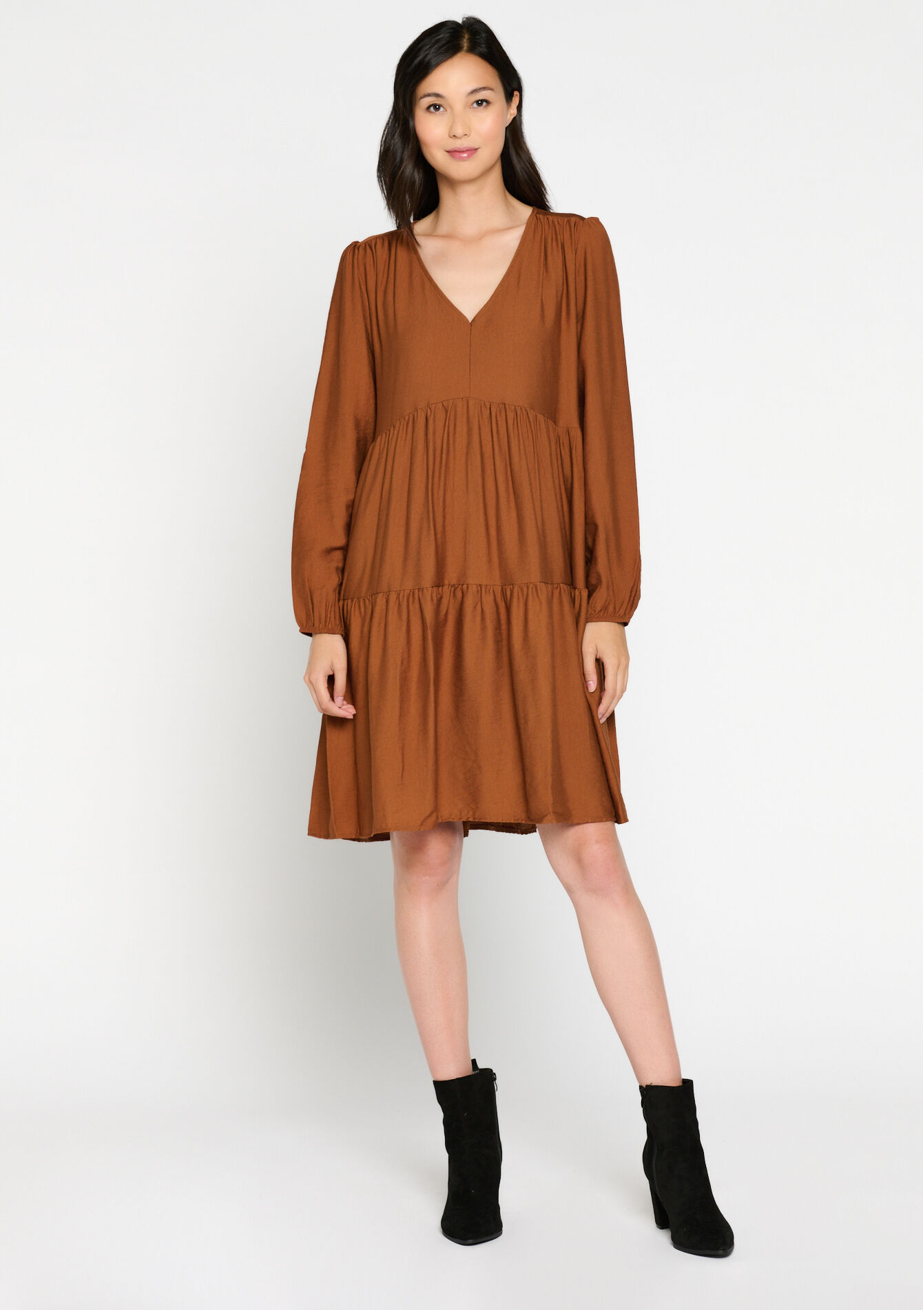 Satin babydoll dress, Satin babydoll dress - CAMEL BROWN - 08103382_3818