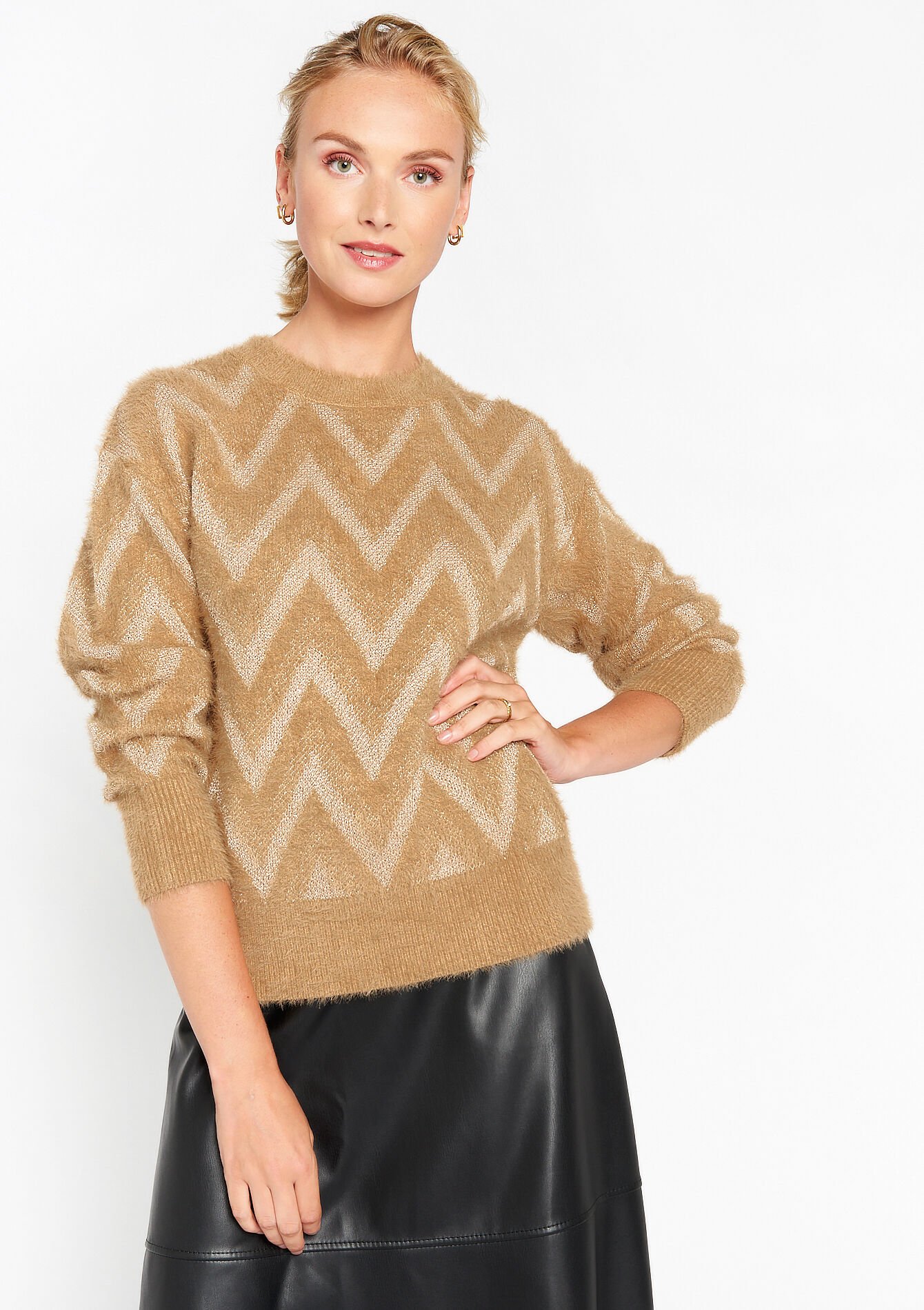 Eyelash pullover with zigzag pattern, Eyelash pullover with zigzag pattern - CAMEL CINNAMON - 04006174_3835