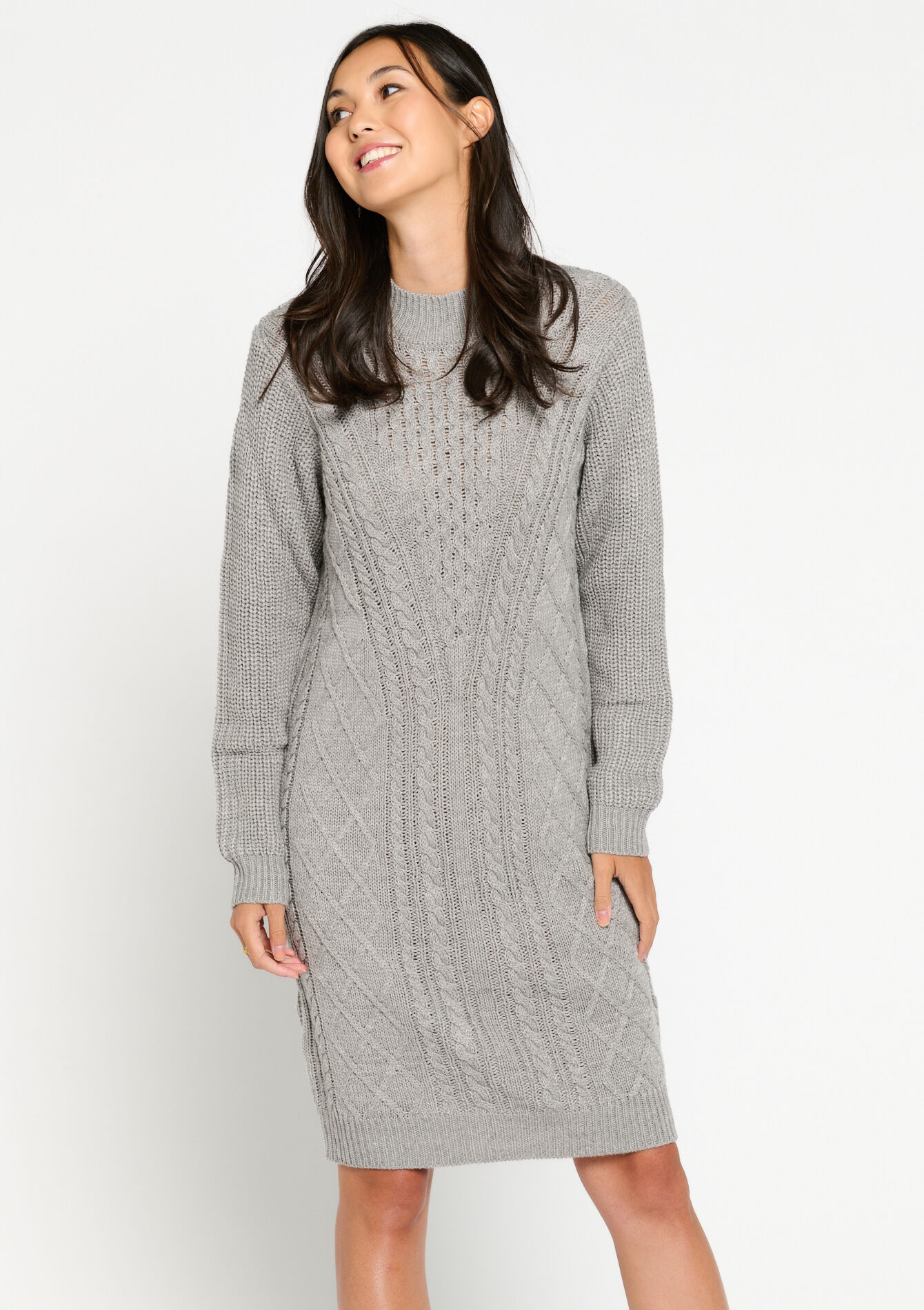 Kabelgebreide trui-jurk - GREY MED MEL - 08103301_3507