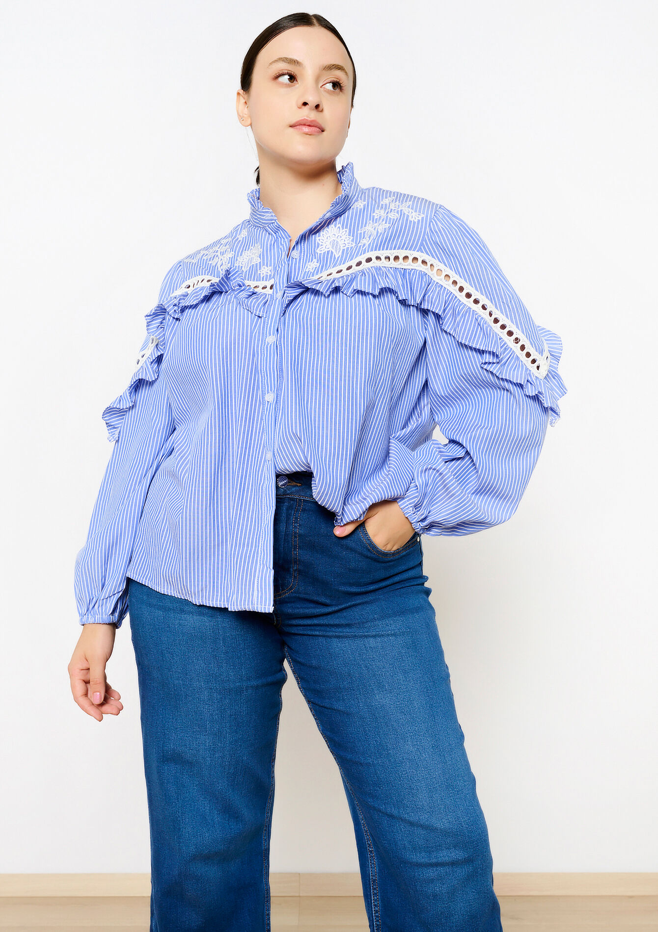 Blouse à rayures avec broderie, Blouse à rayures avec broderie - BLUE FAIENCE - 05702613_1584