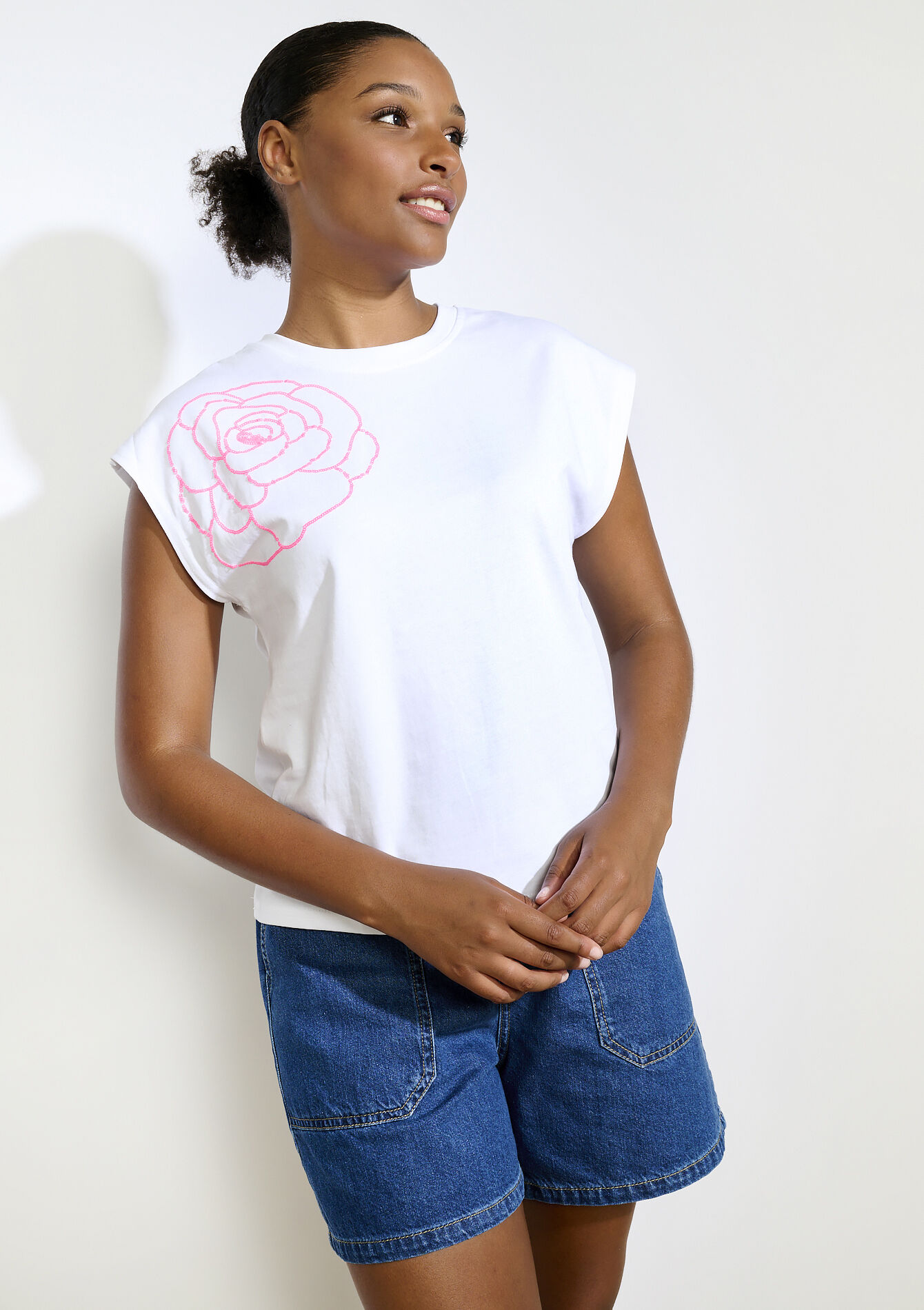 T-shirt sequins floraux , T-shirt sequins floraux - OPTICAL WHITE - 02301866_1019