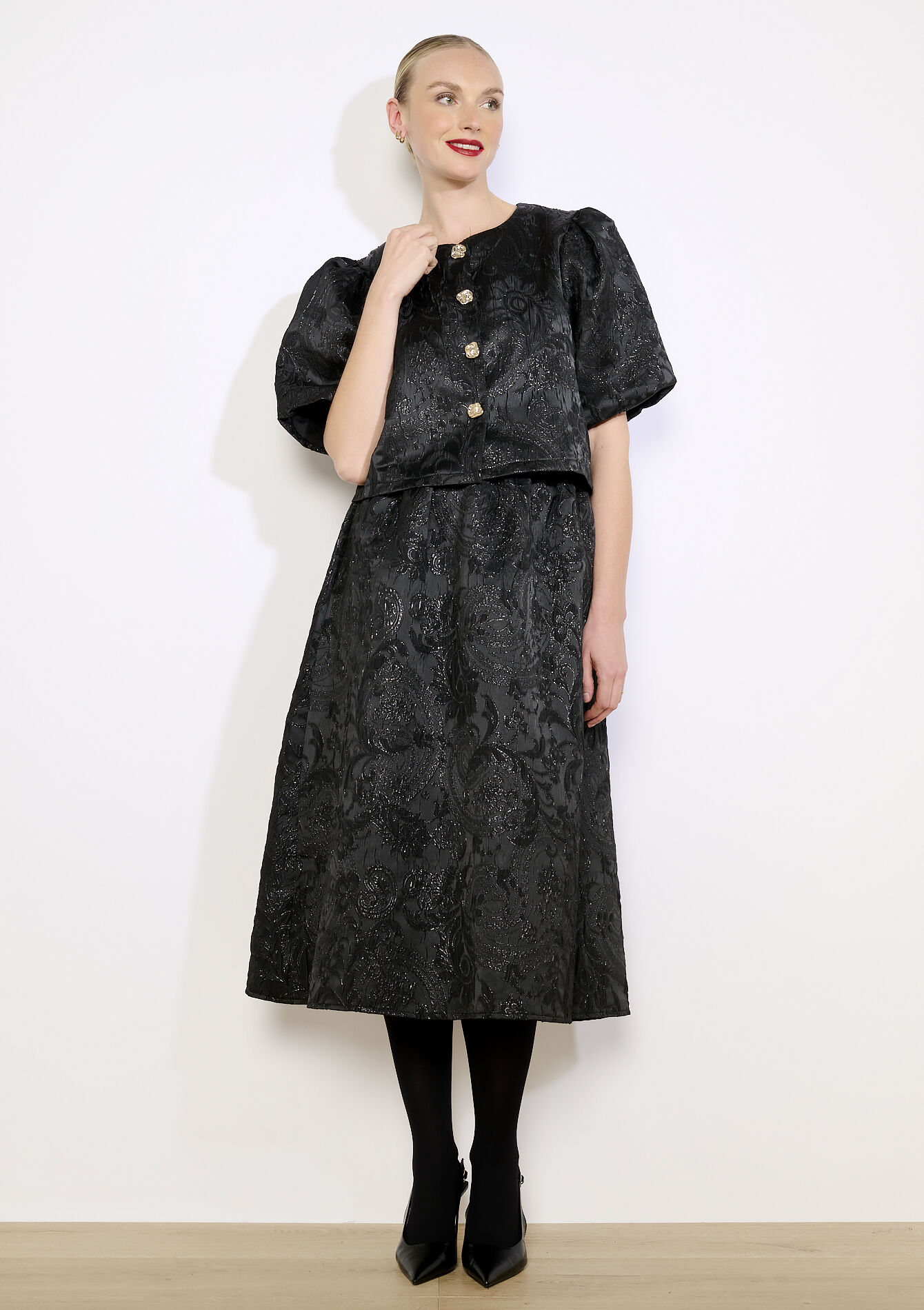 Blouse brocart à manches bouffantes, Blouse brocart à manches bouffantes - BLACK - 05703002_1119