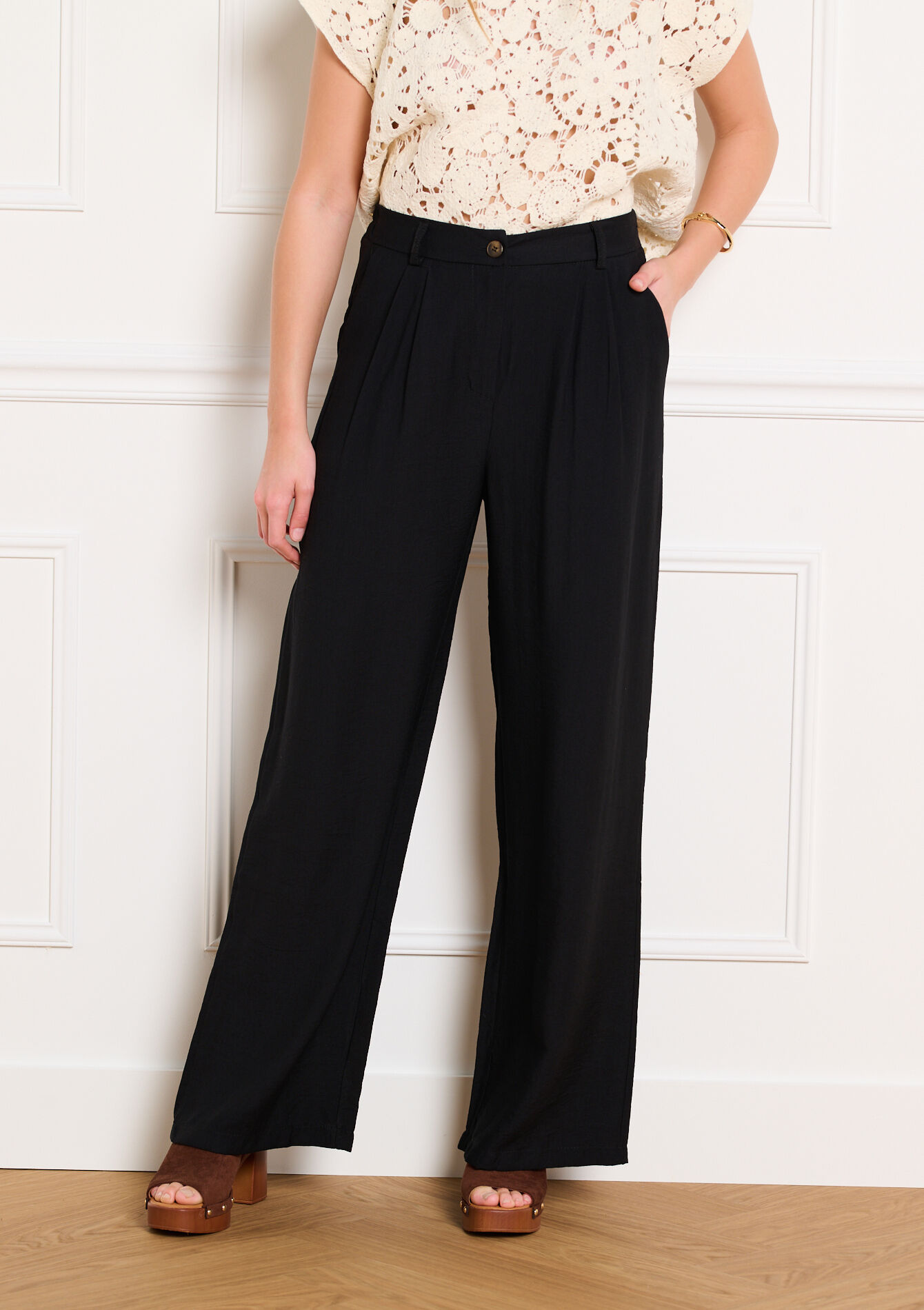 Wijde viscose broek - BLACK - 06100820_1119