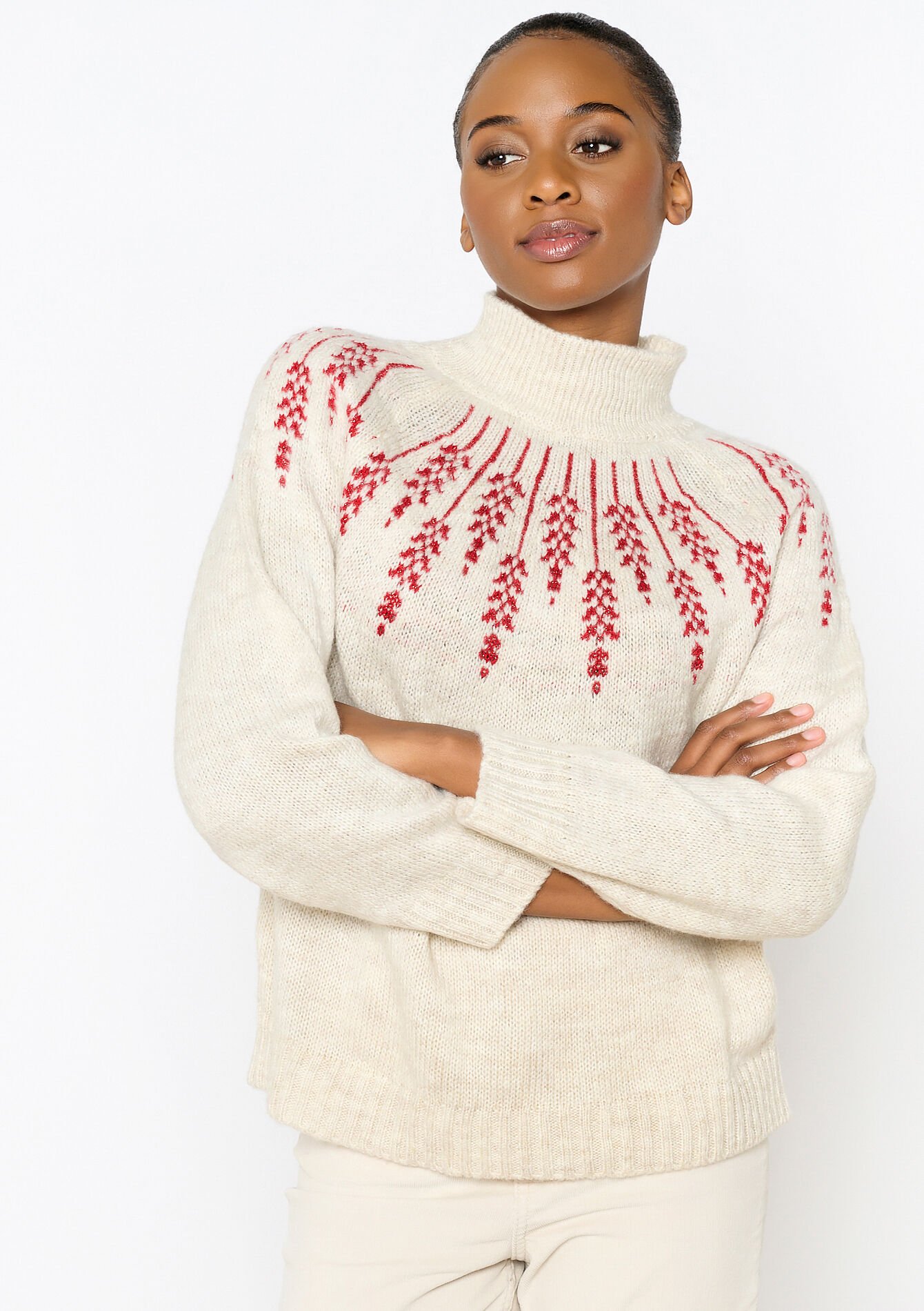 Jacquard pullover with flowers, Jacquard pullover with flowers - LT BEIGE - 04006419_2527