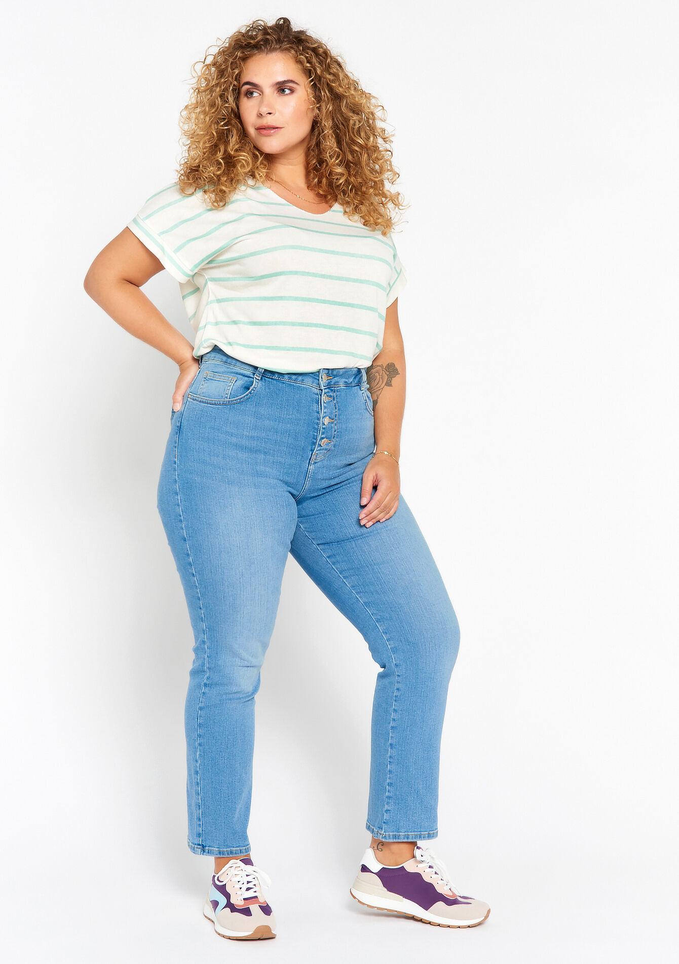 Rechte jeans met hoge taille, Rechte jeans met hoge taille - BLUE BLEACHED - 22000486_0502