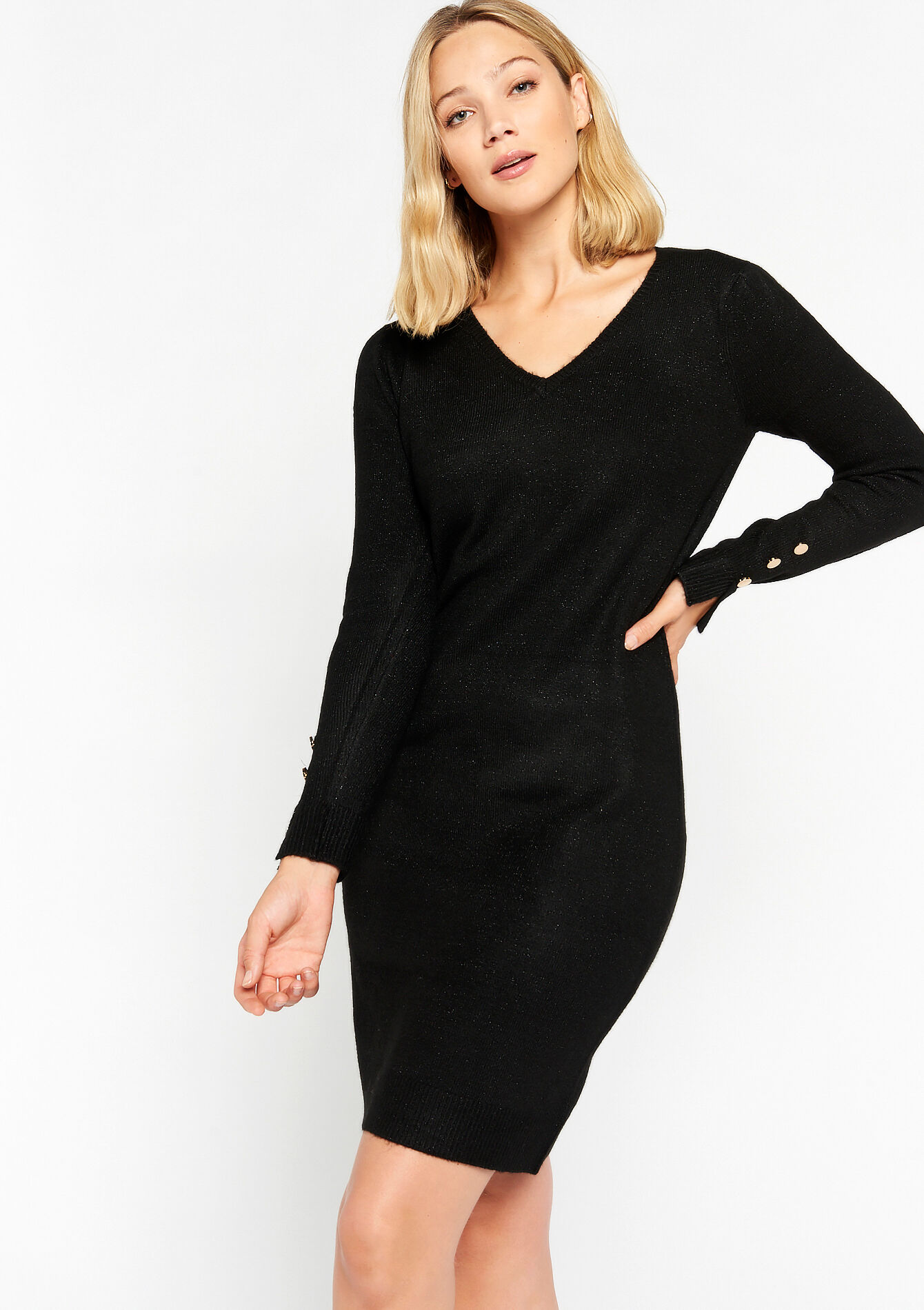 Trui-jurk met V-hals, Trui-jurk met V-hals - BLACK - 08601931_1119