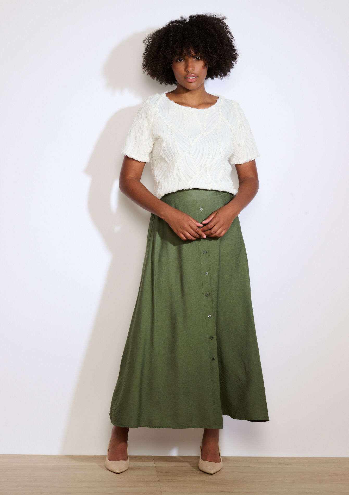 Soepele midirok met knopen, Soepele midirok met knopen - KHAKI MED - 07101393_4327