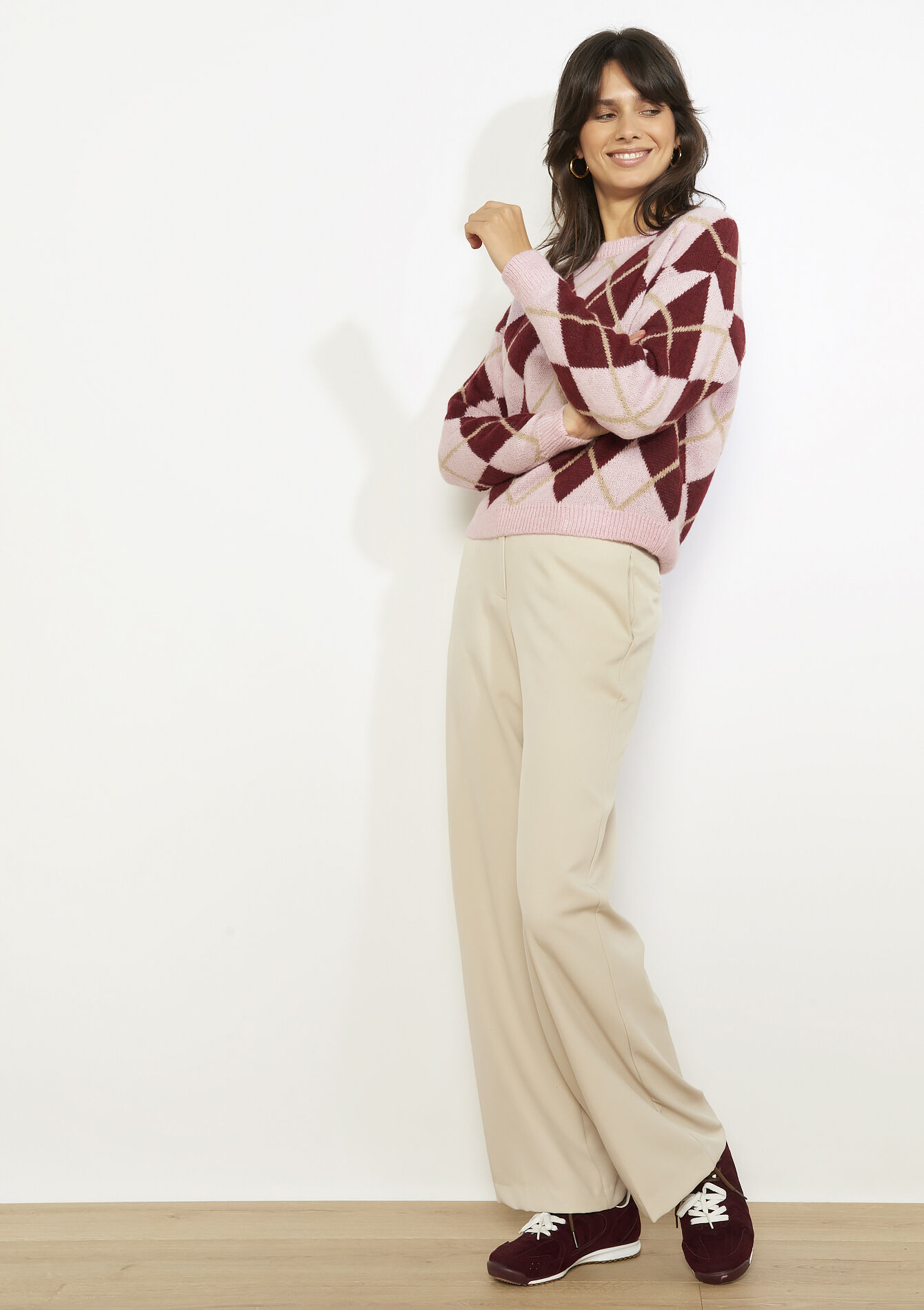 Gebreide trui met ruitmotief - BORDEAUX WINE - 04007135