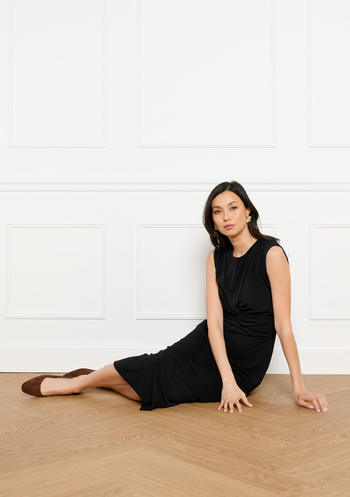 Mouwloze midi jurk met drapage, , back