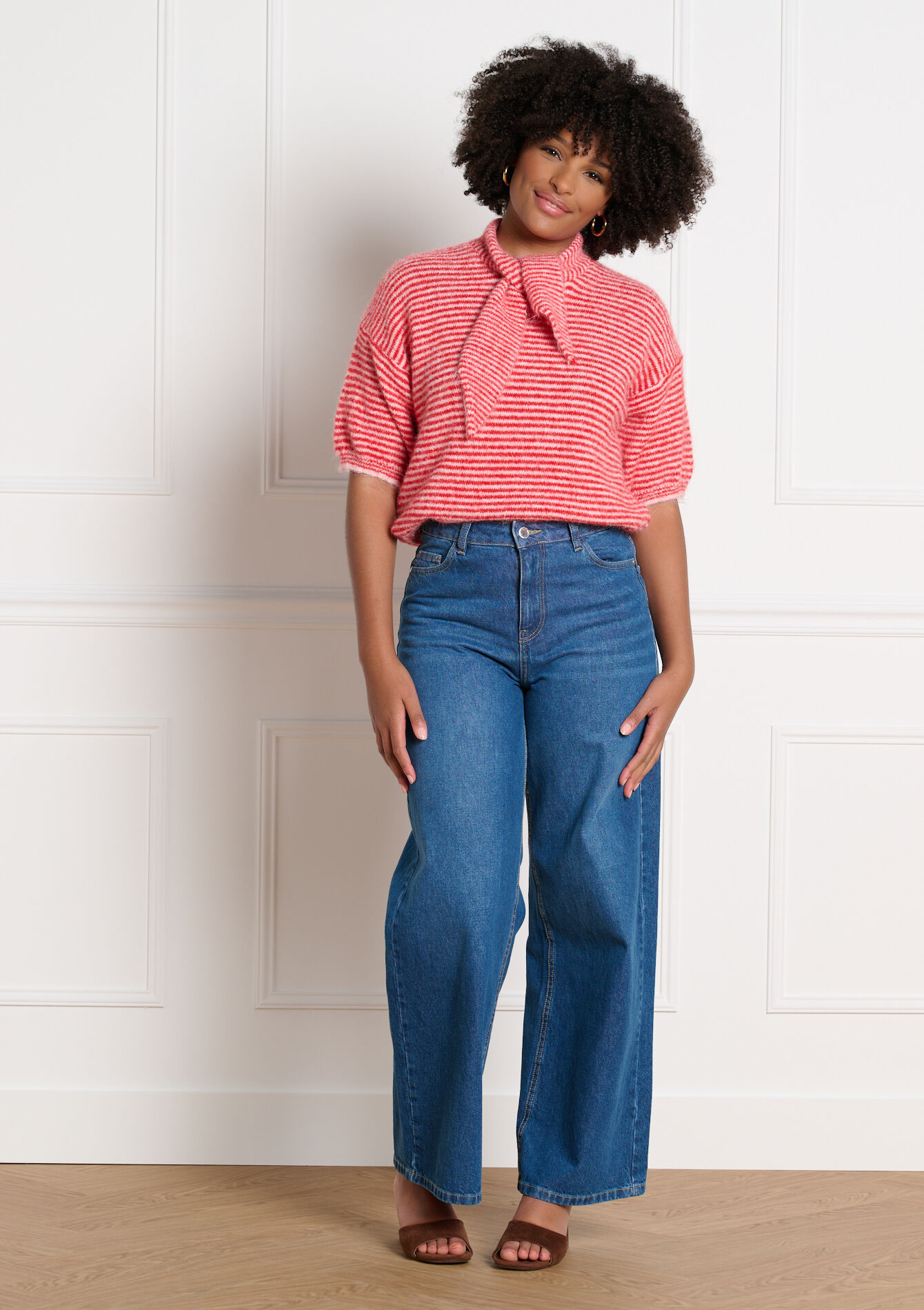 Gestreepte trui met korte mouwen - PINK BUBBLEGUM - 04007220_1477