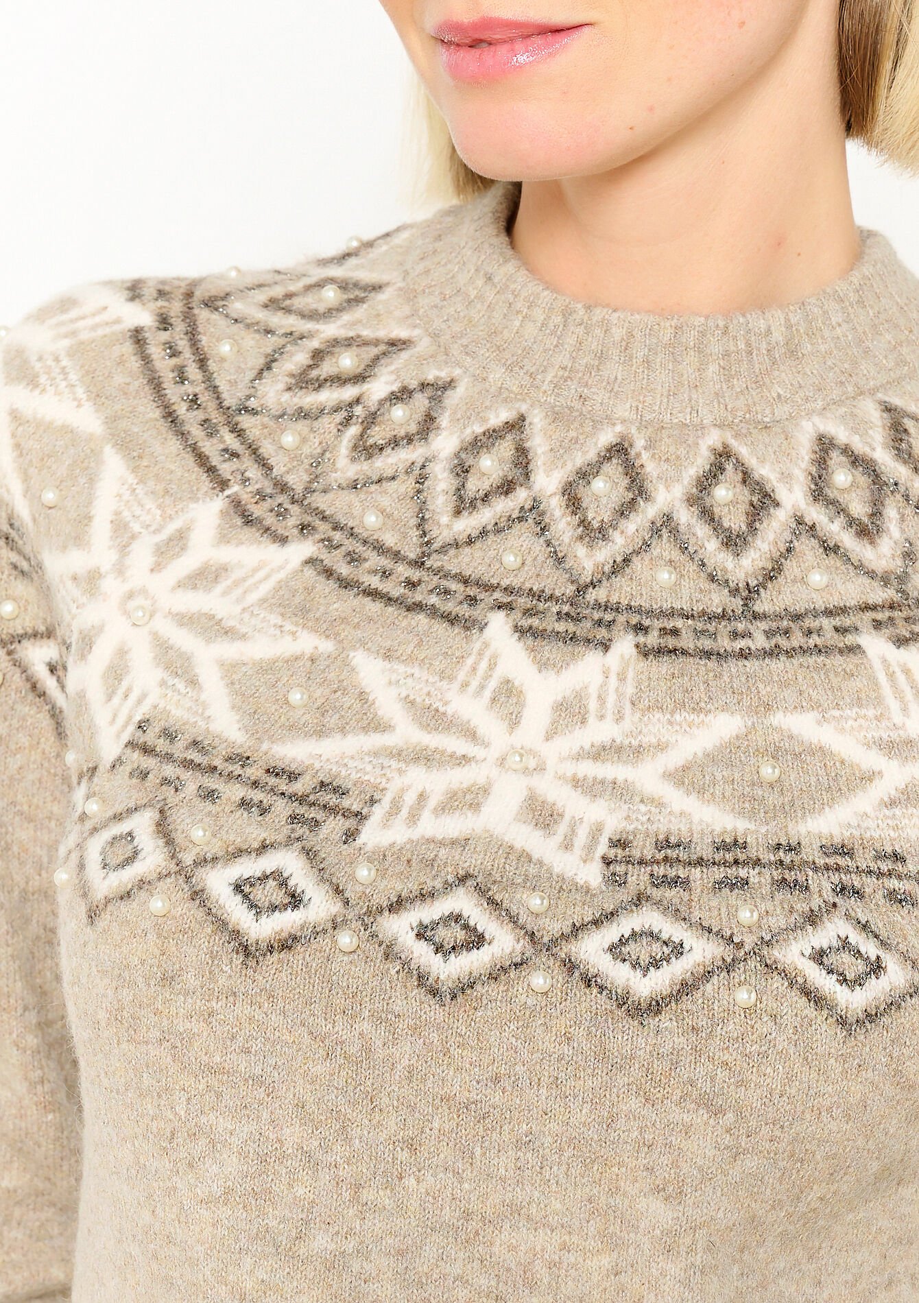 Jacquard trui met parels - TAUPE - 04006585_1021