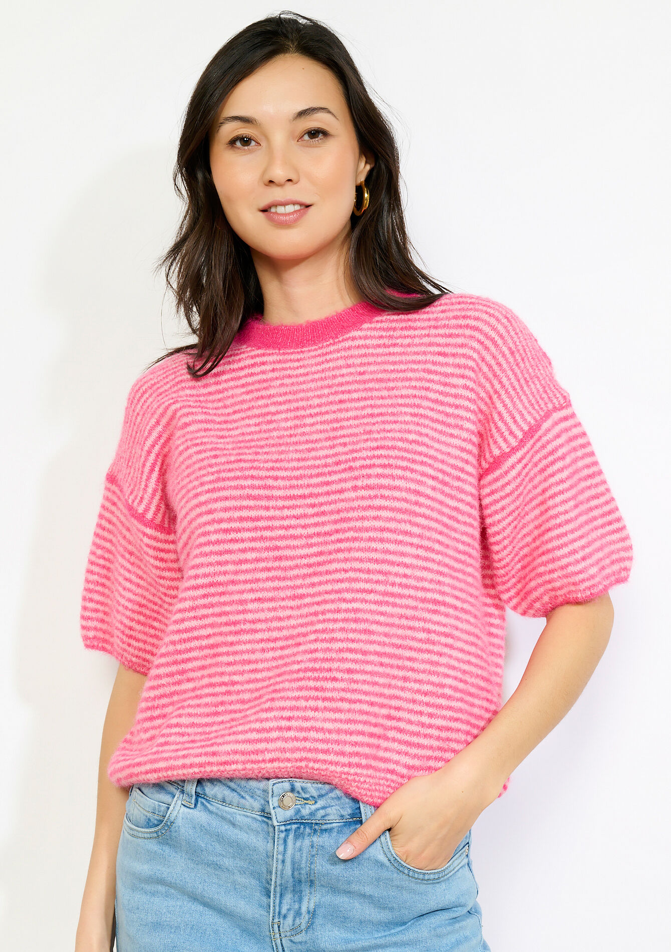 Pull rayé manches courtes - FUCHSIA - 04007224_5626