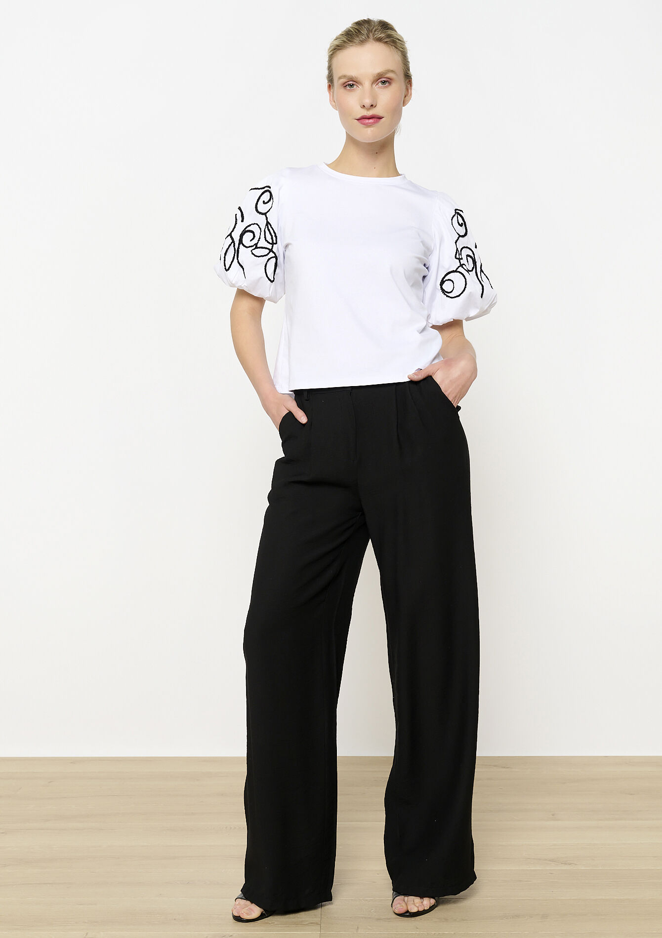 T-shirt manches brodées, T-shirt manches brodées - OPTICAL WHITE - 02301830