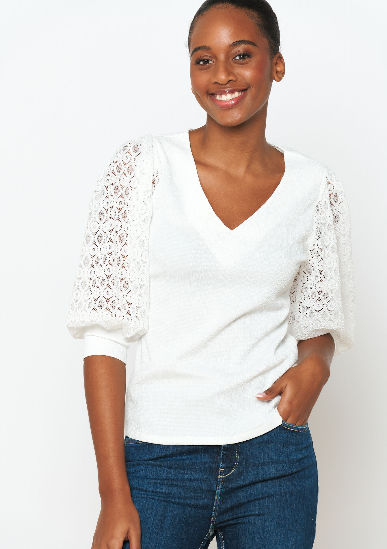 T-shirt met kanten mouwen - OFFWHITE - 02301535_1001